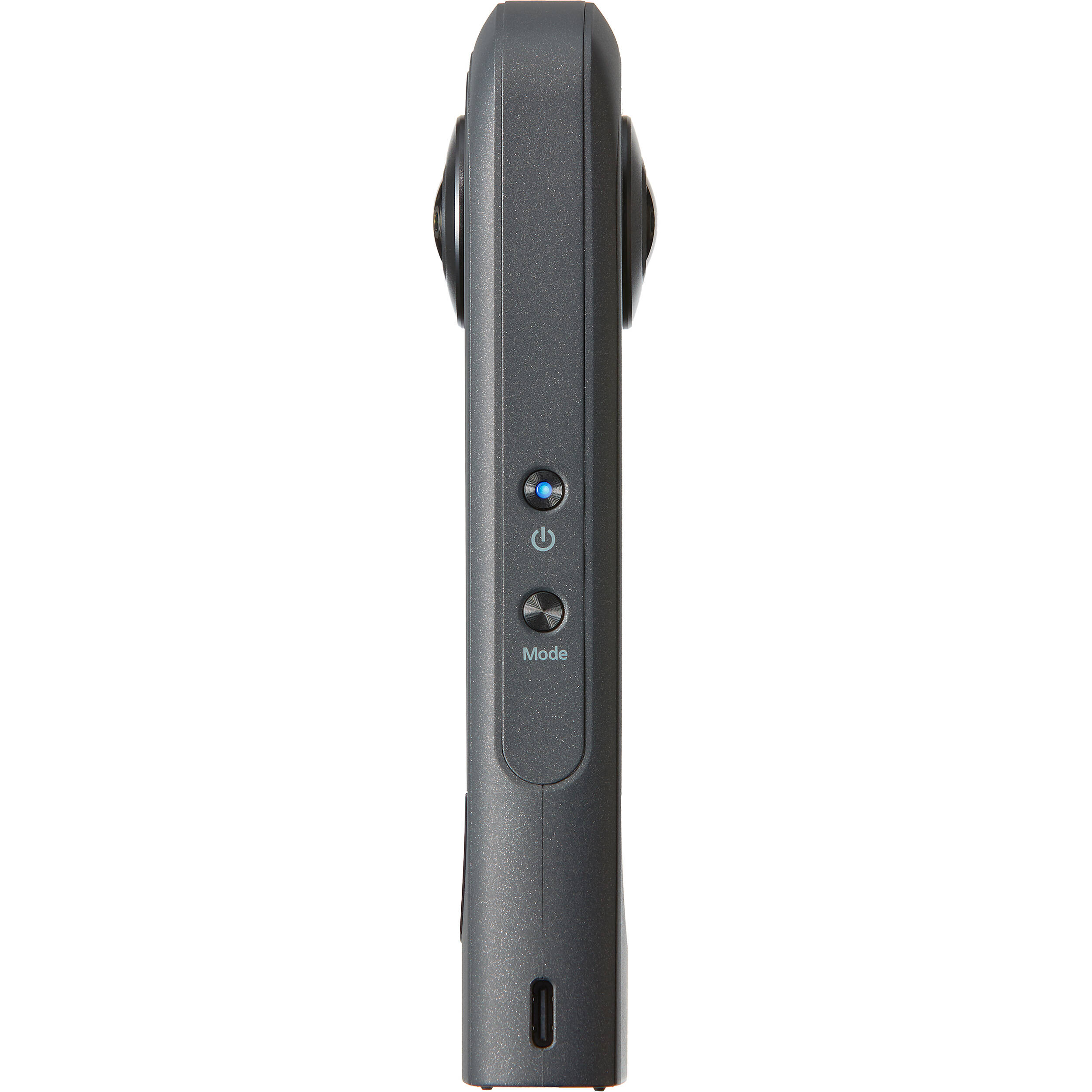 Ricoh Theta X 360-degree video camera with front view showcasing lens and compact design for immersive video recording.