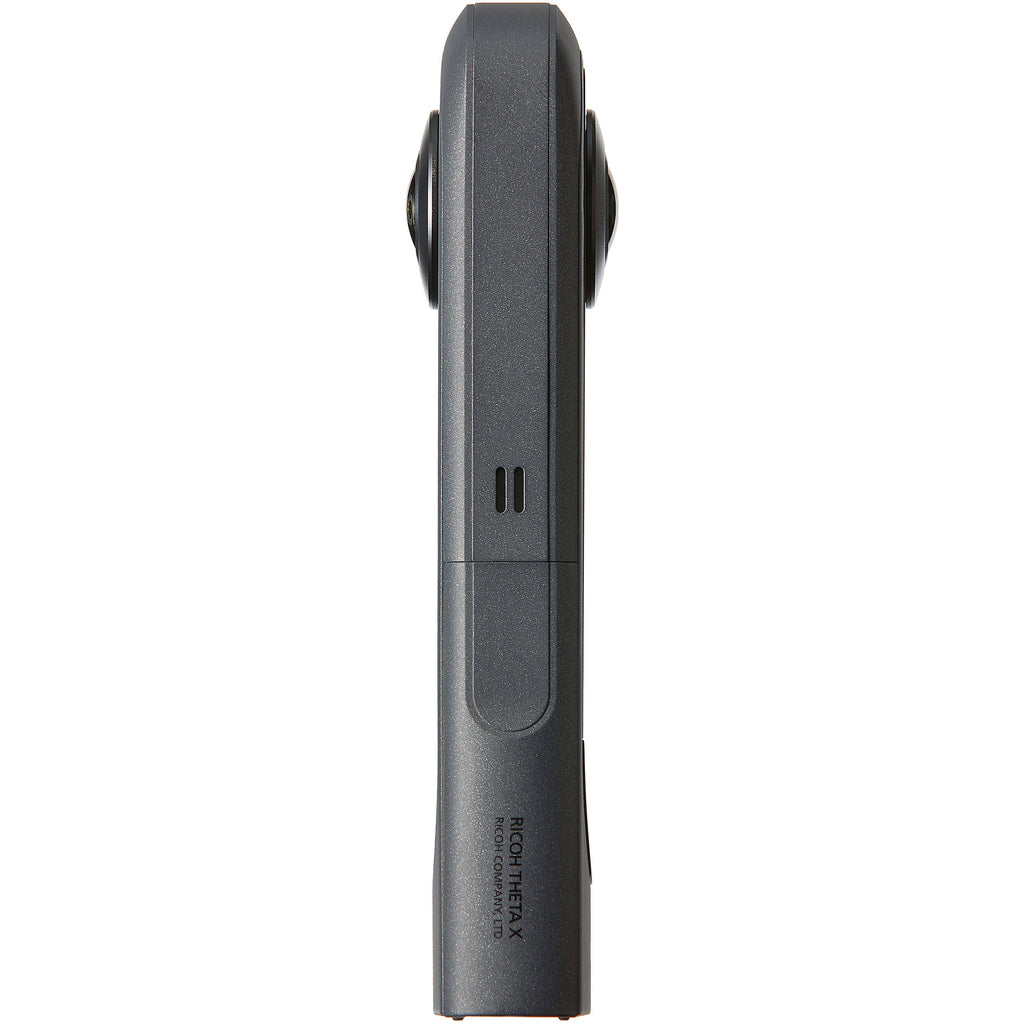 Ricoh Theta X 360-degree video camera with dual lenses and sleek black design, ideal for immersive 3D video recording.