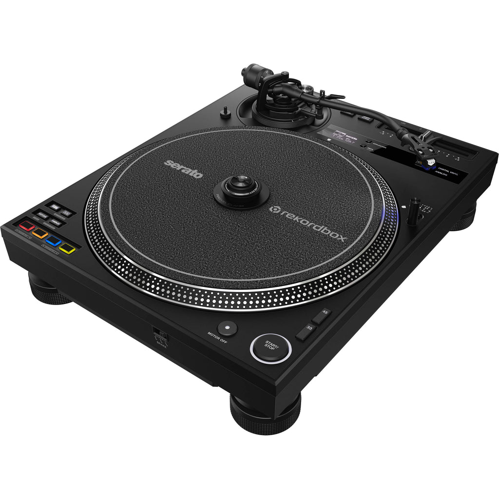 Pioneer DJ PLX-CRSS12 DJ turntable with a sleek black design and detailed control knobs, ready for professional mixing.