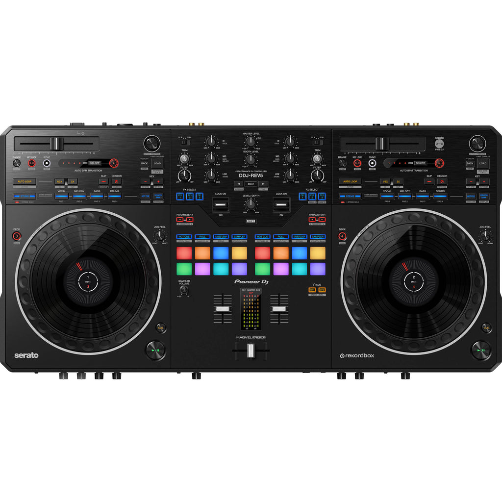 Pioneer DJ DDJ-REV5 DJ controller with jog wheels, mixer controls, and colorful backlit pads for electronic music mixing.