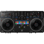 Pioneer DJ DDJ-REV5 DJ controller with jog wheels, mixer controls, and colorful backlit pads for electronic music mixing.