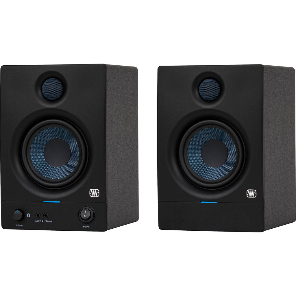 Presonus Eris 4.5 BT second-generation desktop speakers with black finish and control knobs, designed for studio and home use.