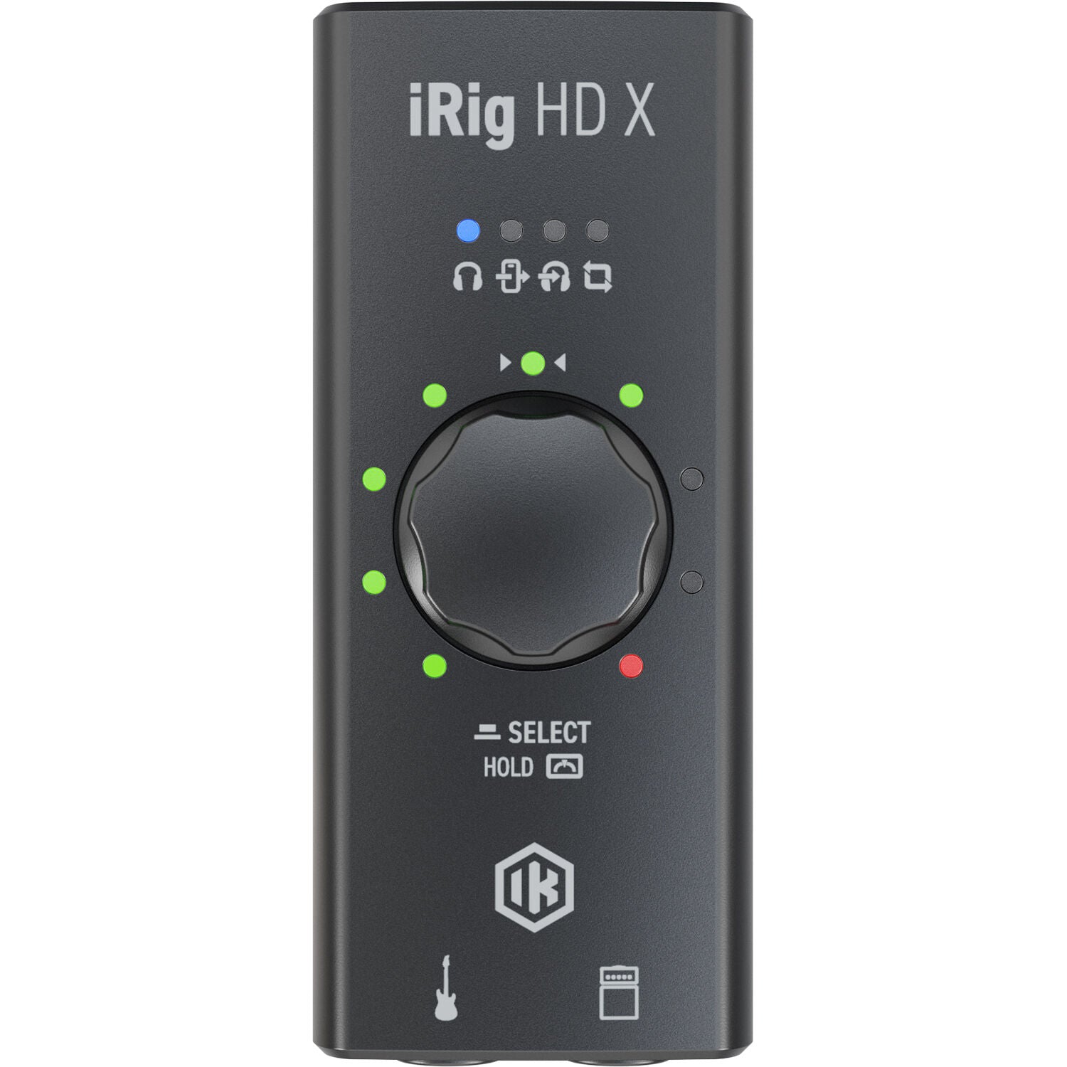 IK Multimedia iRig HD X audio interface with guitar input and USB connection, shown on a white background.