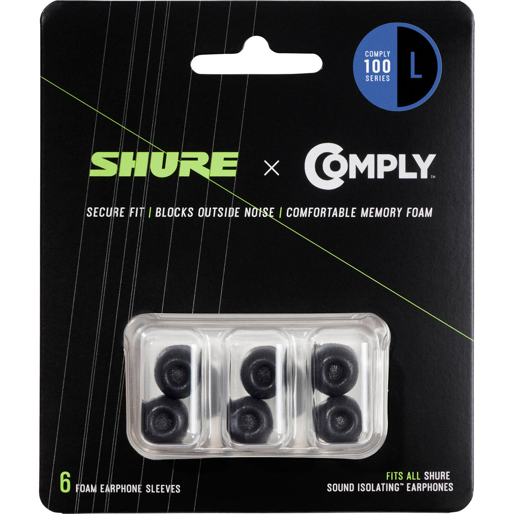 Shure EACYF1-6L black foam earpad sleeves for headphones, large size, three pairs shown in the image.