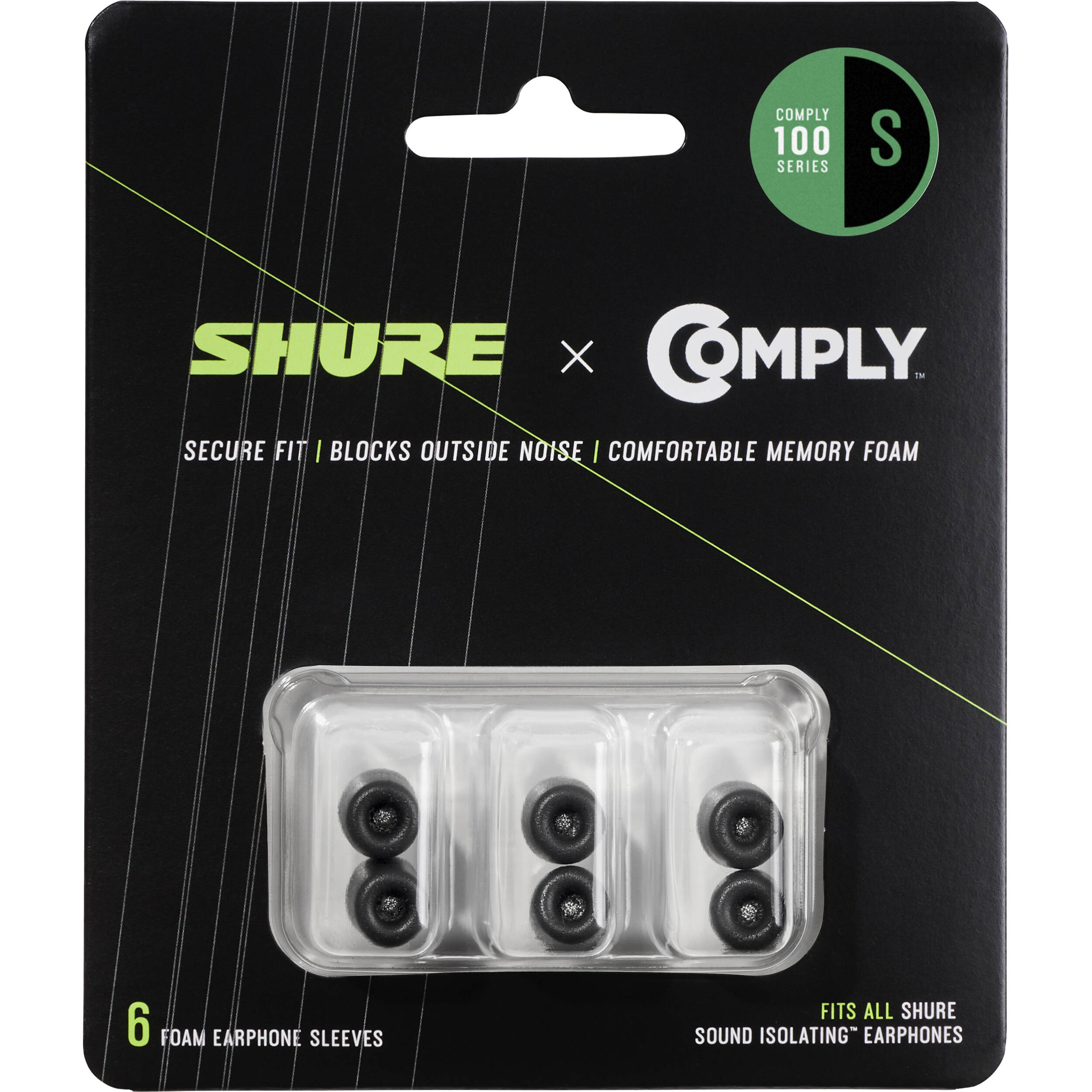 Shure EACYF1-6S black foam earpad sleeves for headphones, small size, set of three pairs, soft and comfortable fit.