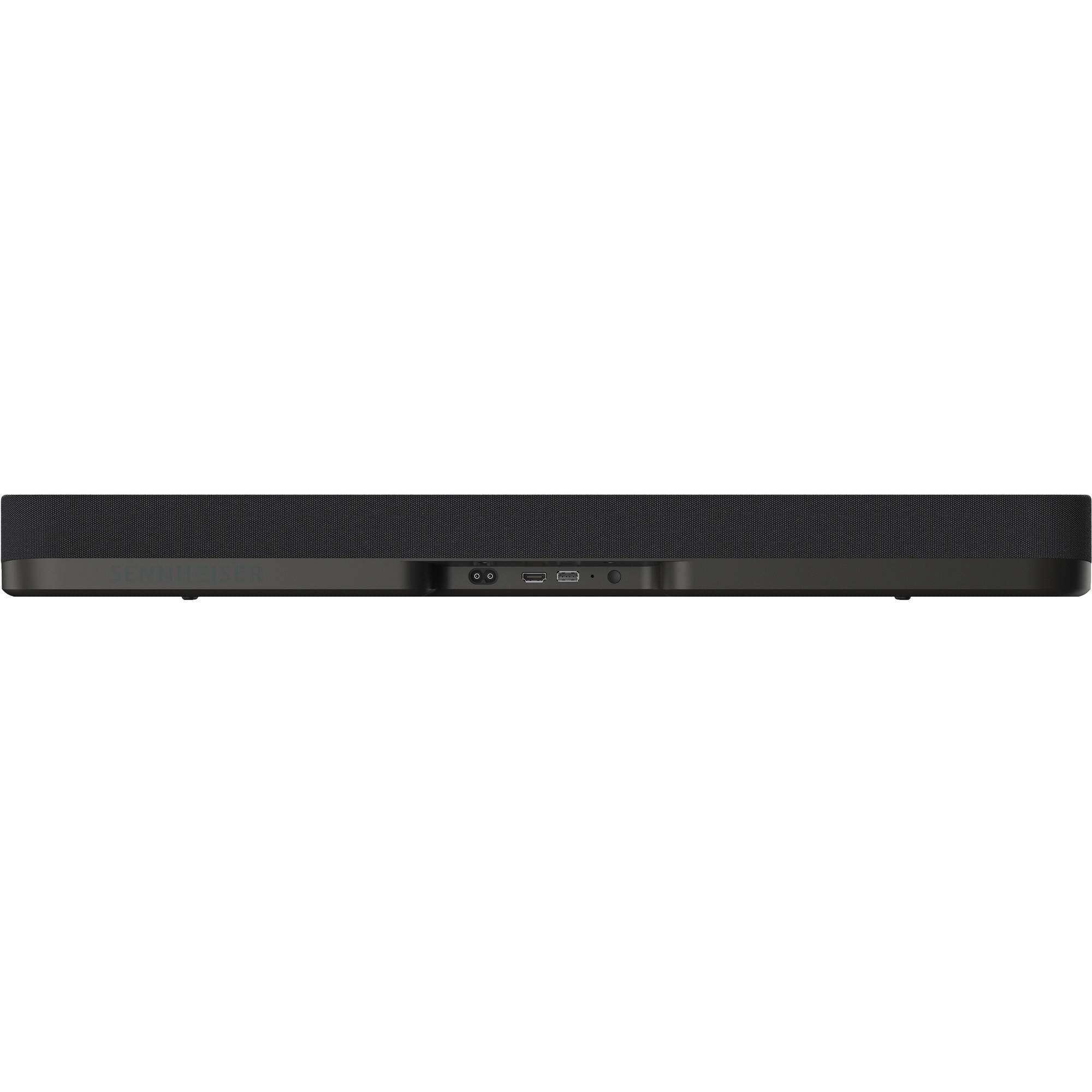 Sennheiser Ambeo Soundbar Mini mounted on a TV stand with a sleek black design and compact size for immersive audio.