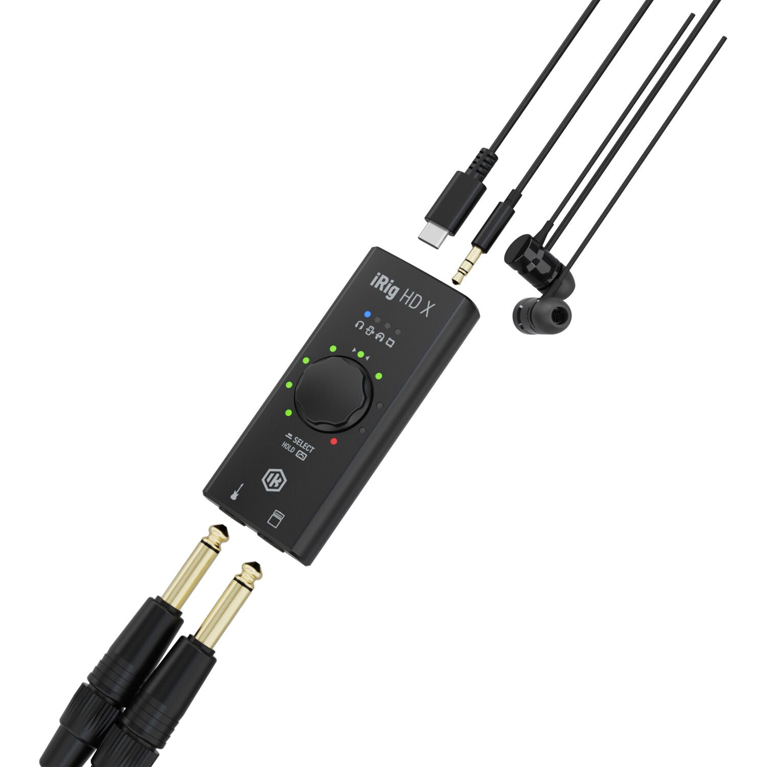 IK Multimedia iRig HD X audio interface with USB connection and high-definition input for musical instrument recording.