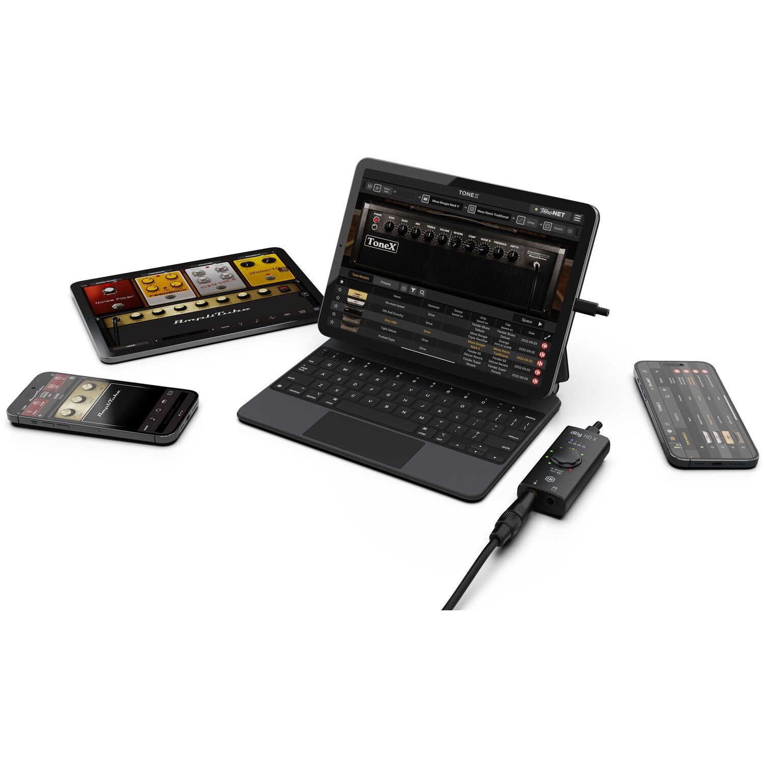IK Multimedia iRig HD X audio interface with USB connection and input/output ports for professional audio recording.