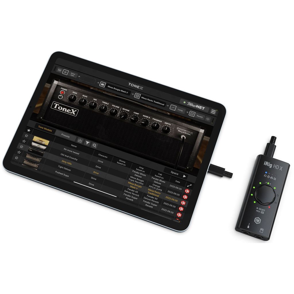 IK Multimedia iRig HD X audio interface with USB and input/output ports for high-quality guitar and instrument recording.