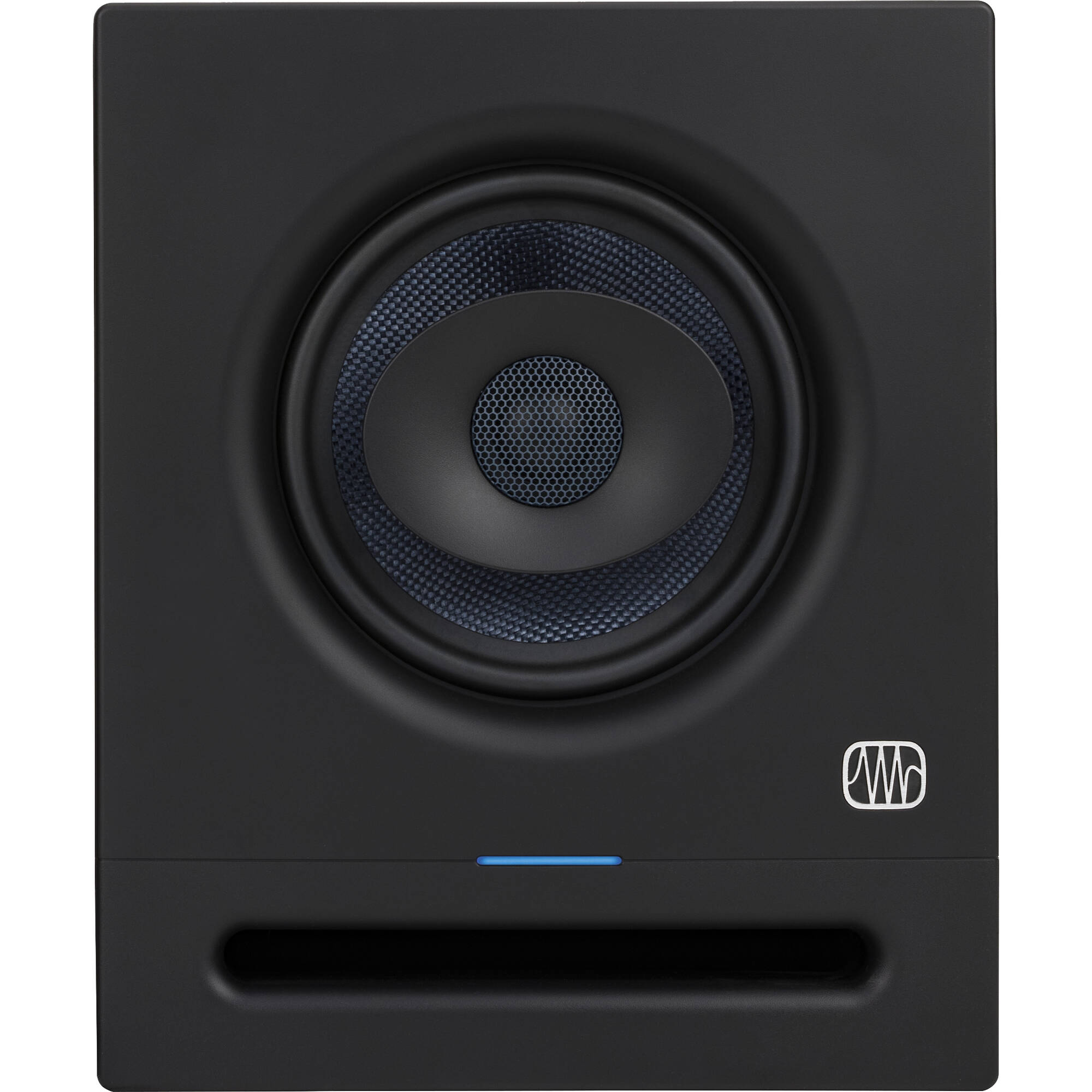 Presonus Eris Pro 6 active nearfield monitors shown with black finish and front speaker grille, ideal for studio audio setup.