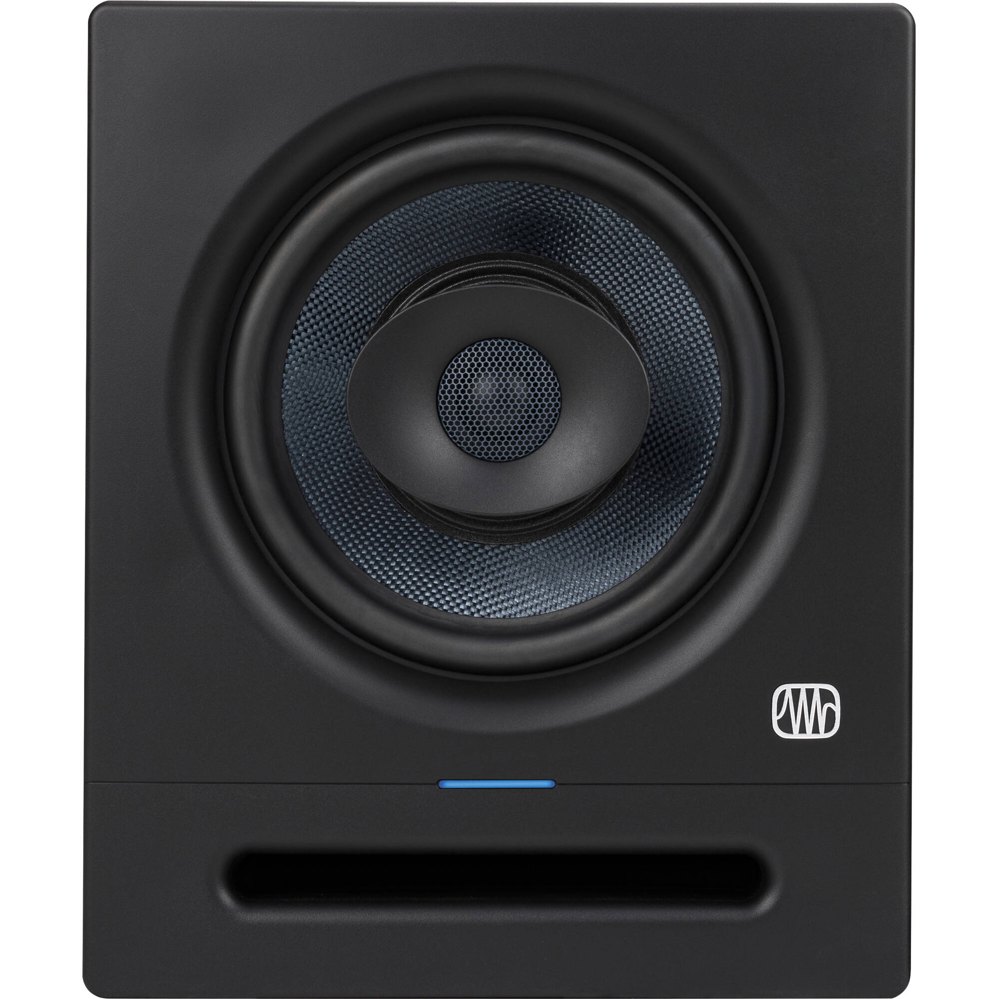 Presonus Eris Pro 8 active nearfield monitors shown on a desk with audio cables and control knobs.
