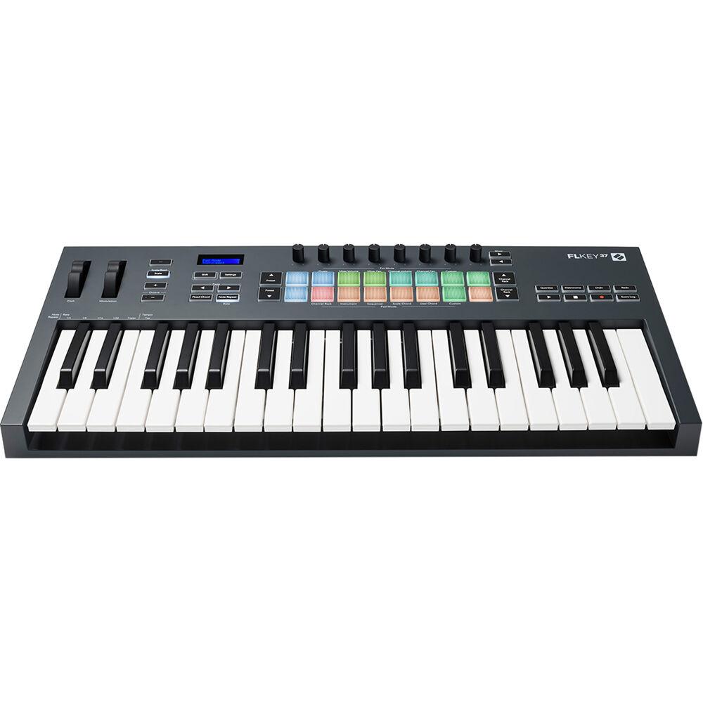 Novation FLkey 37 MIDI keyboard with 37 keys, touch-sensitive controls, and colorful pads for music production and performance.