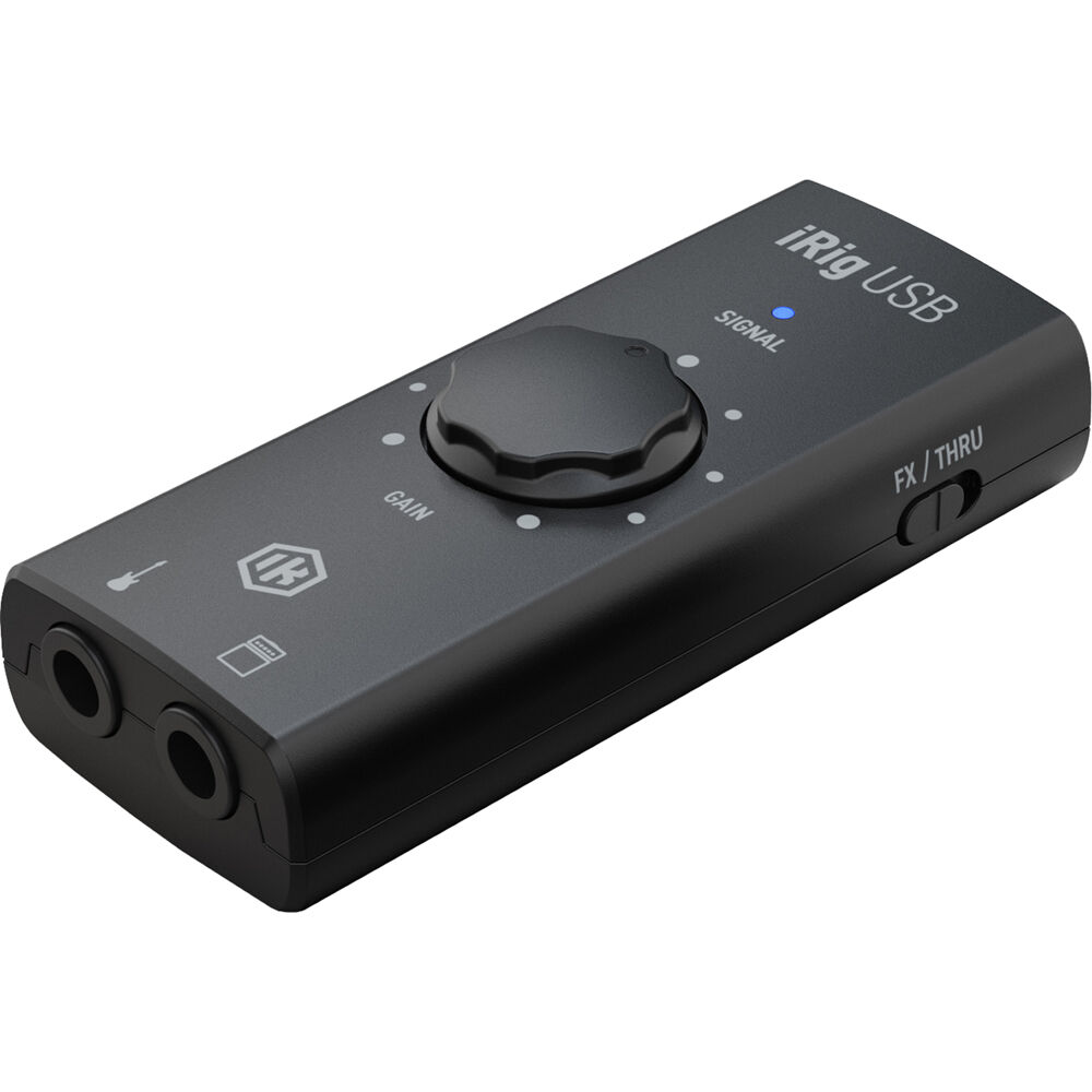 IK Multimedia iRig USB audio interface with input and output ports for recording and sound processing on computers.