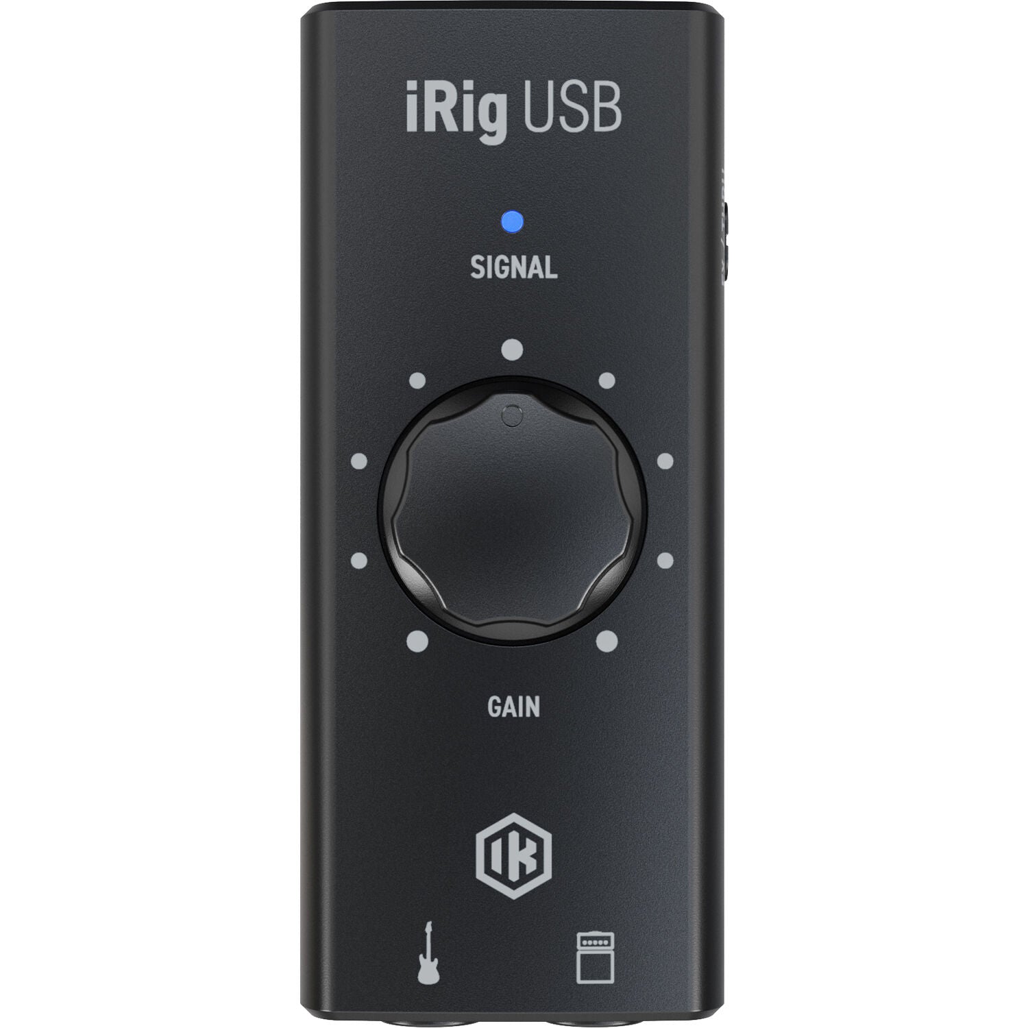 IK Multimedia iRig USB audio interface with input and output ports, compact design for mobile recording and sound setup.