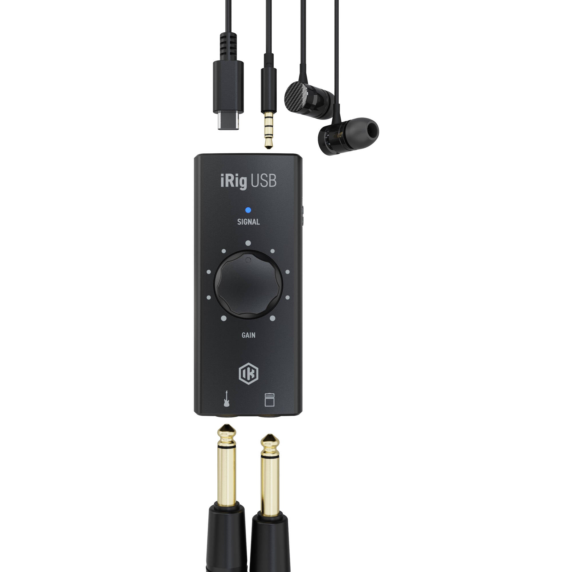 IK Multimedia iRig USB audio interface with input ports and controls, designed for connecting musical instruments and microphones to computers.