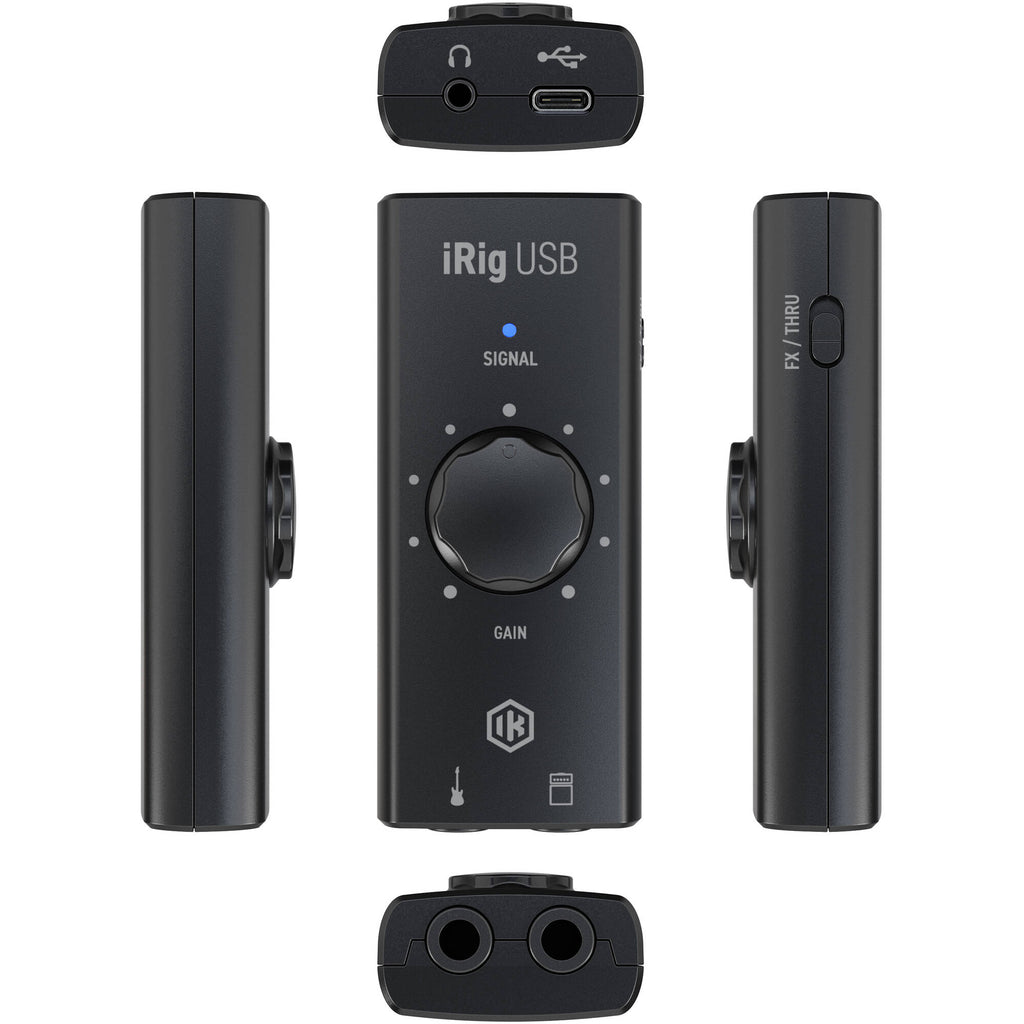 IK Multimedia iRig USB audio interface with input and output ports for connecting musical instruments and microphones.
