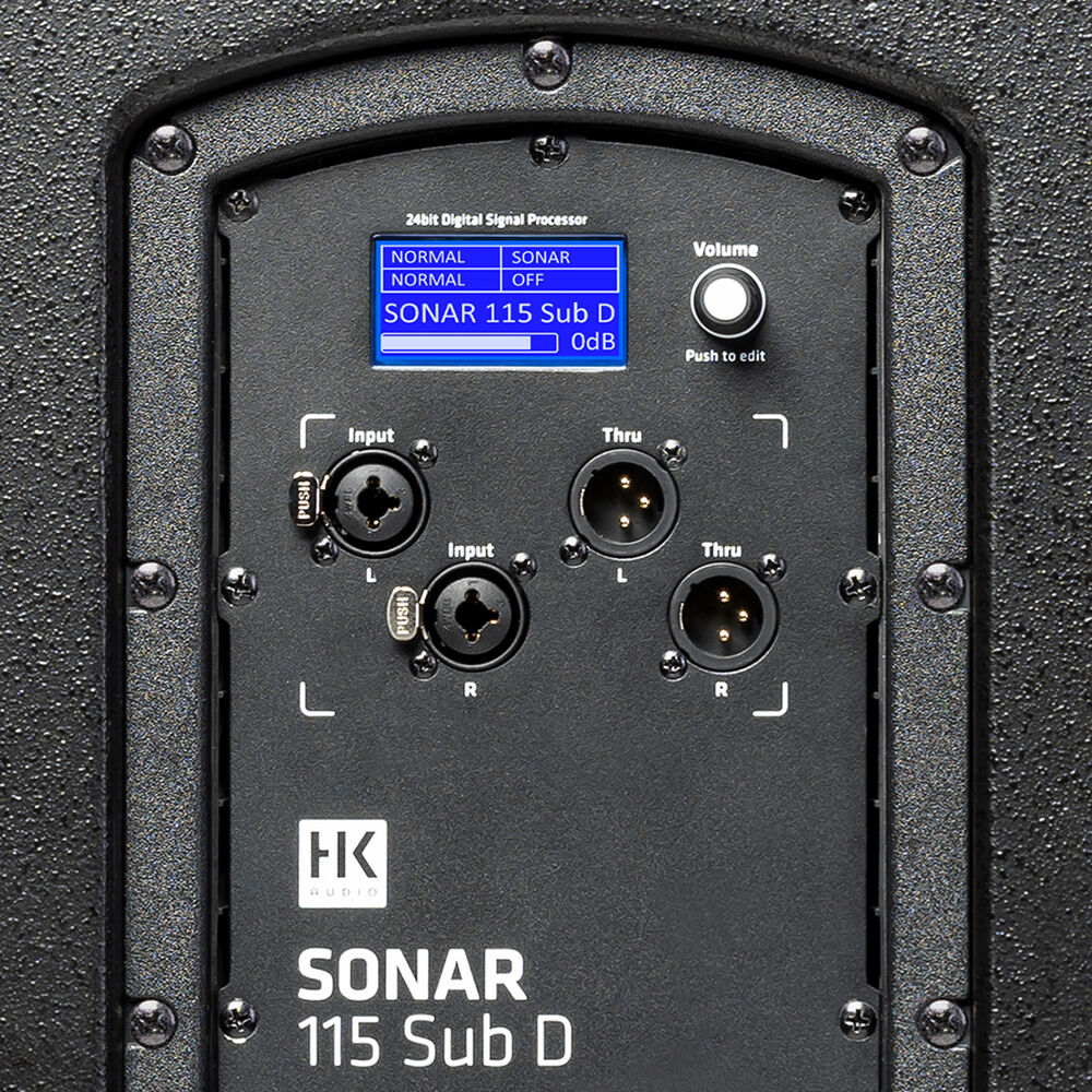 HK Audio SONAR 115 Sub D active subwoofer showing a sturdy black speaker with control panel and connection ports.