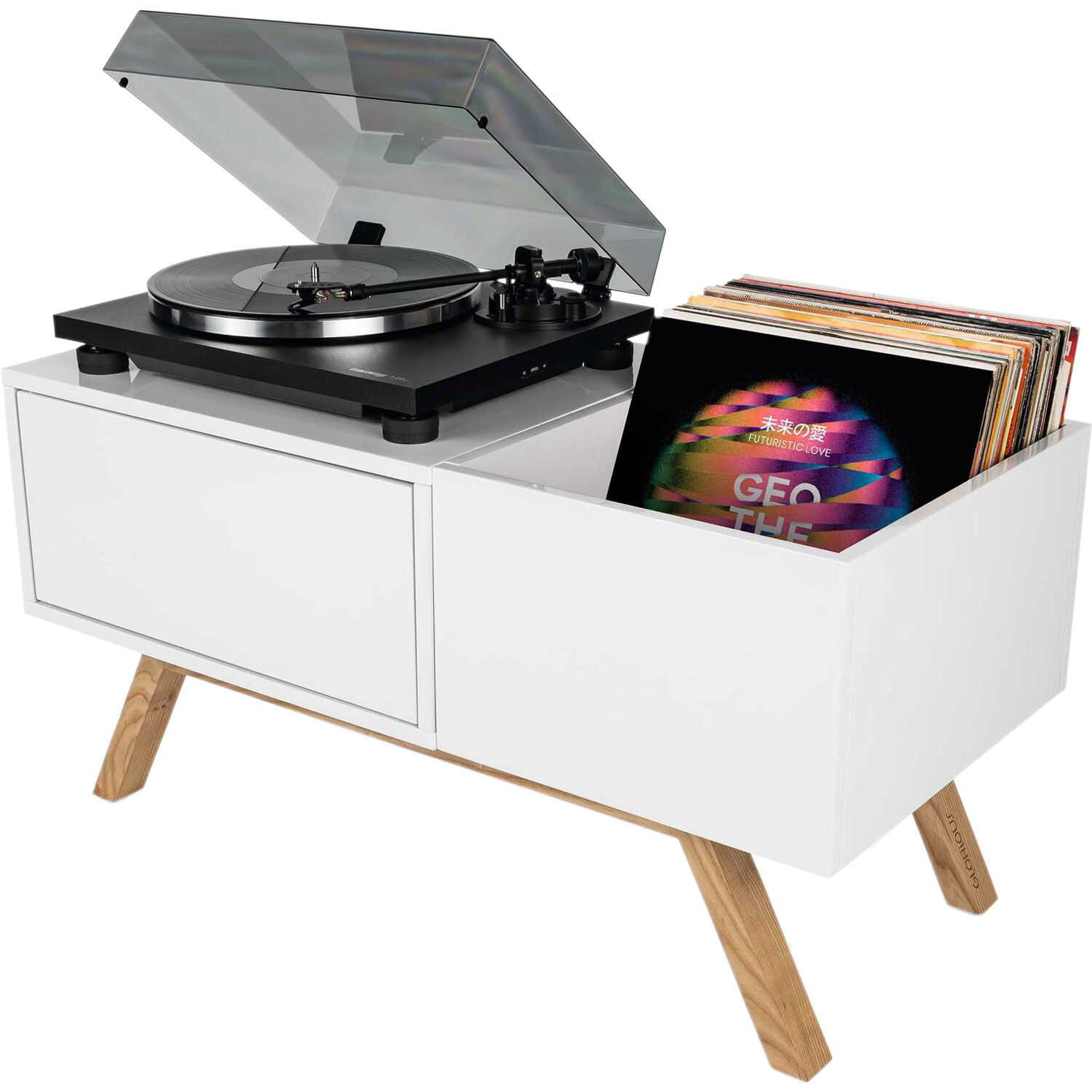 Glorious Turntable Lowboard featuring sleek design and spacious surface for DJ equipment and vinyl records.