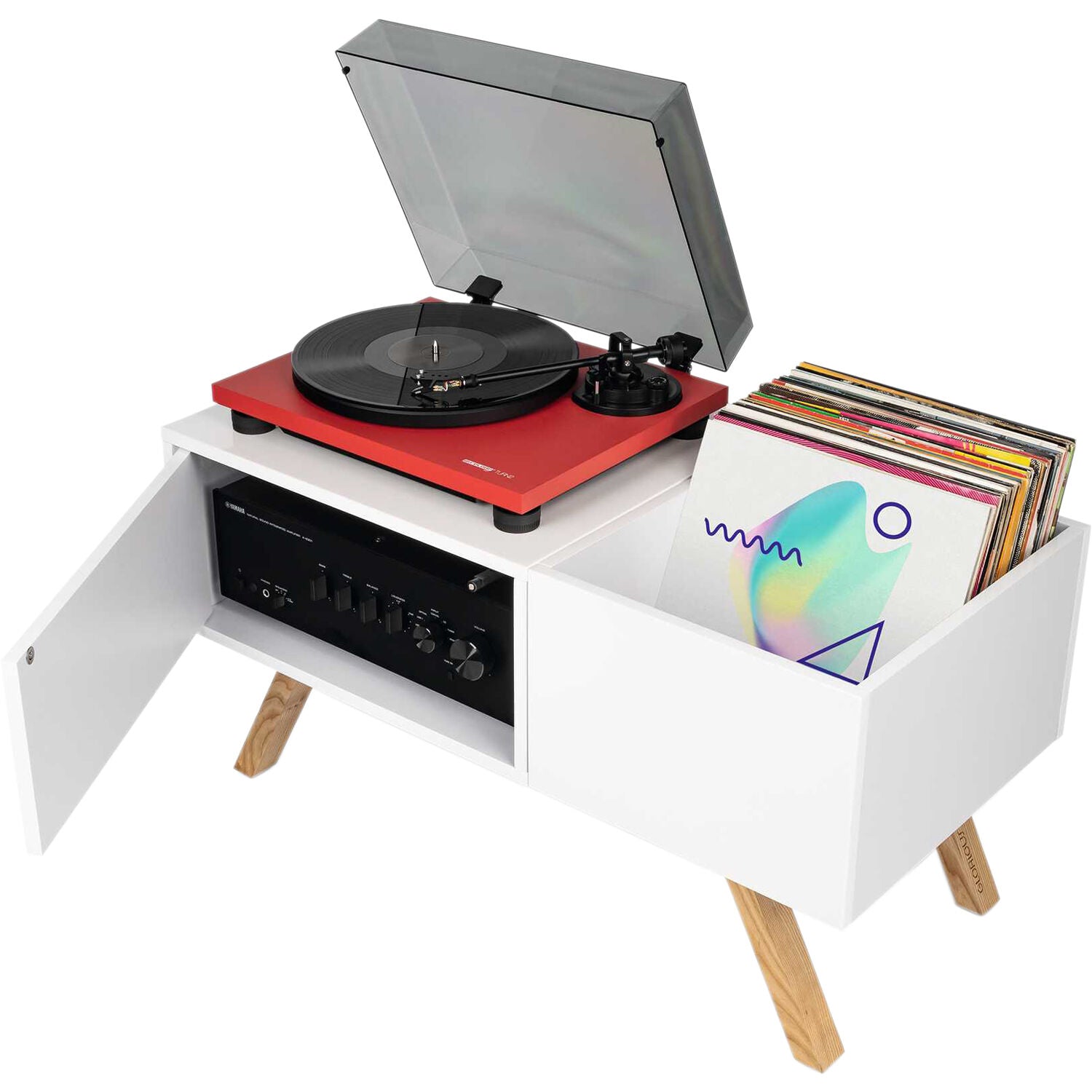 Glorious Turntable Lowboard for DJ tables and furniture, featuring a sleek wooden design with storage compartments.