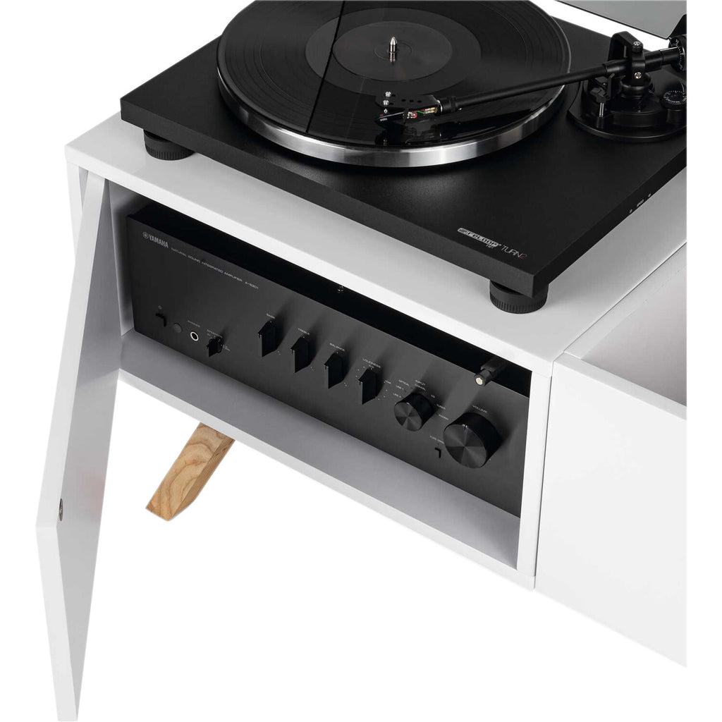 Glorious lowboard turntable stand for DJ tables, featuring a sleek modern design with storage compartments and a sturdy surface.