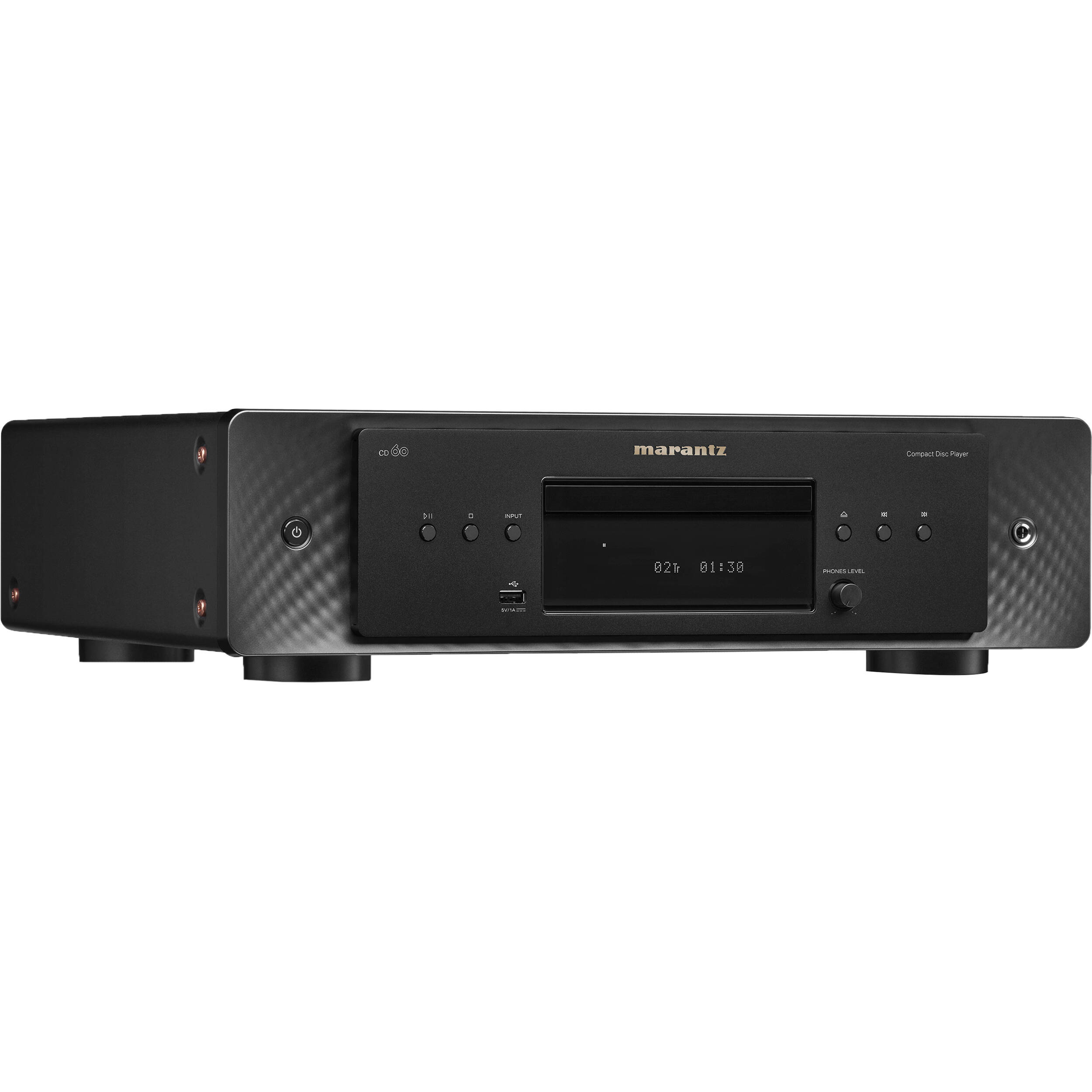 Marantz CD 60 CD player with silver finish and front-loading tray, showcasing digital display and control buttons.