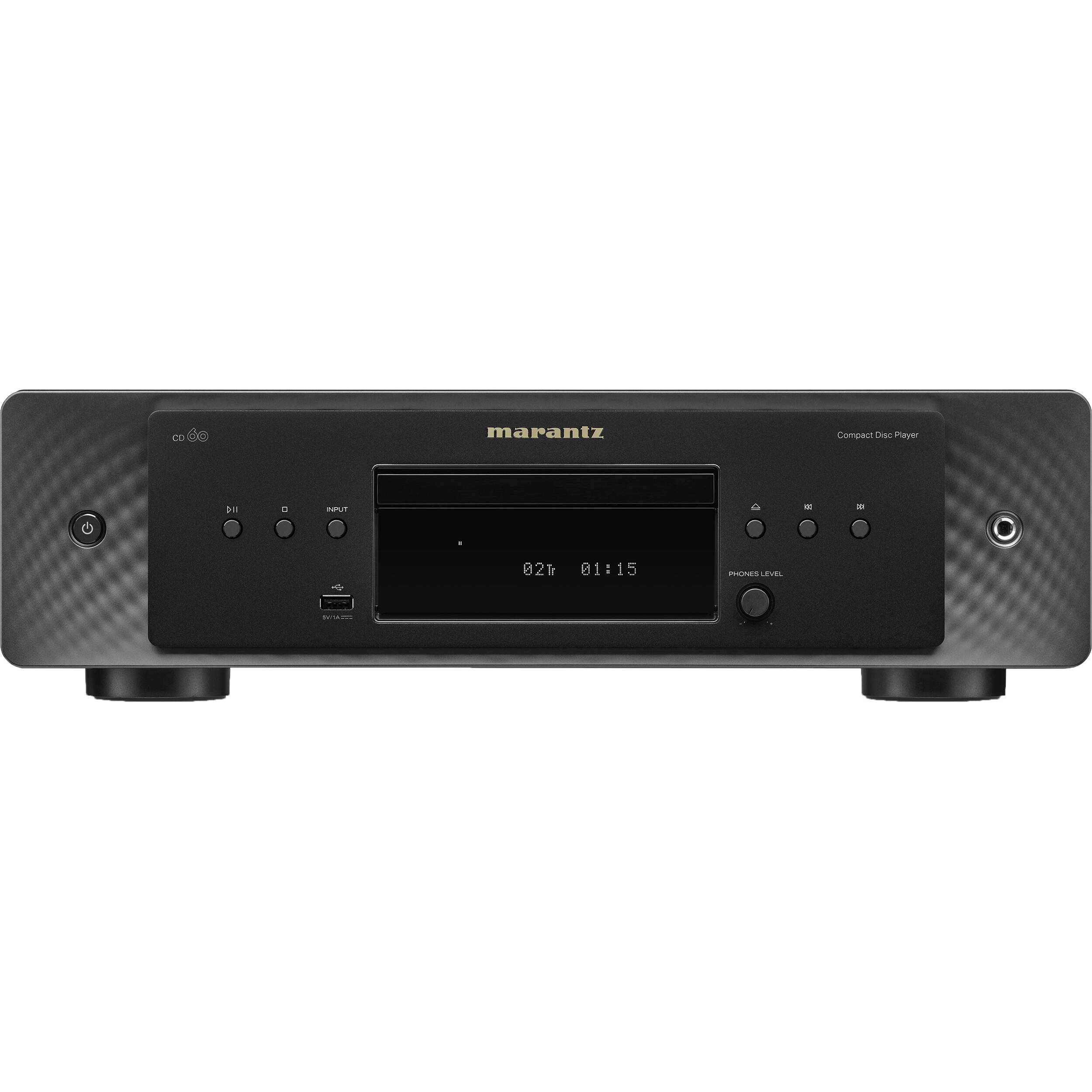 Marantz CD 60 CD player with sleek black design and digital display, showcasing front-loading disc tray and control buttons.