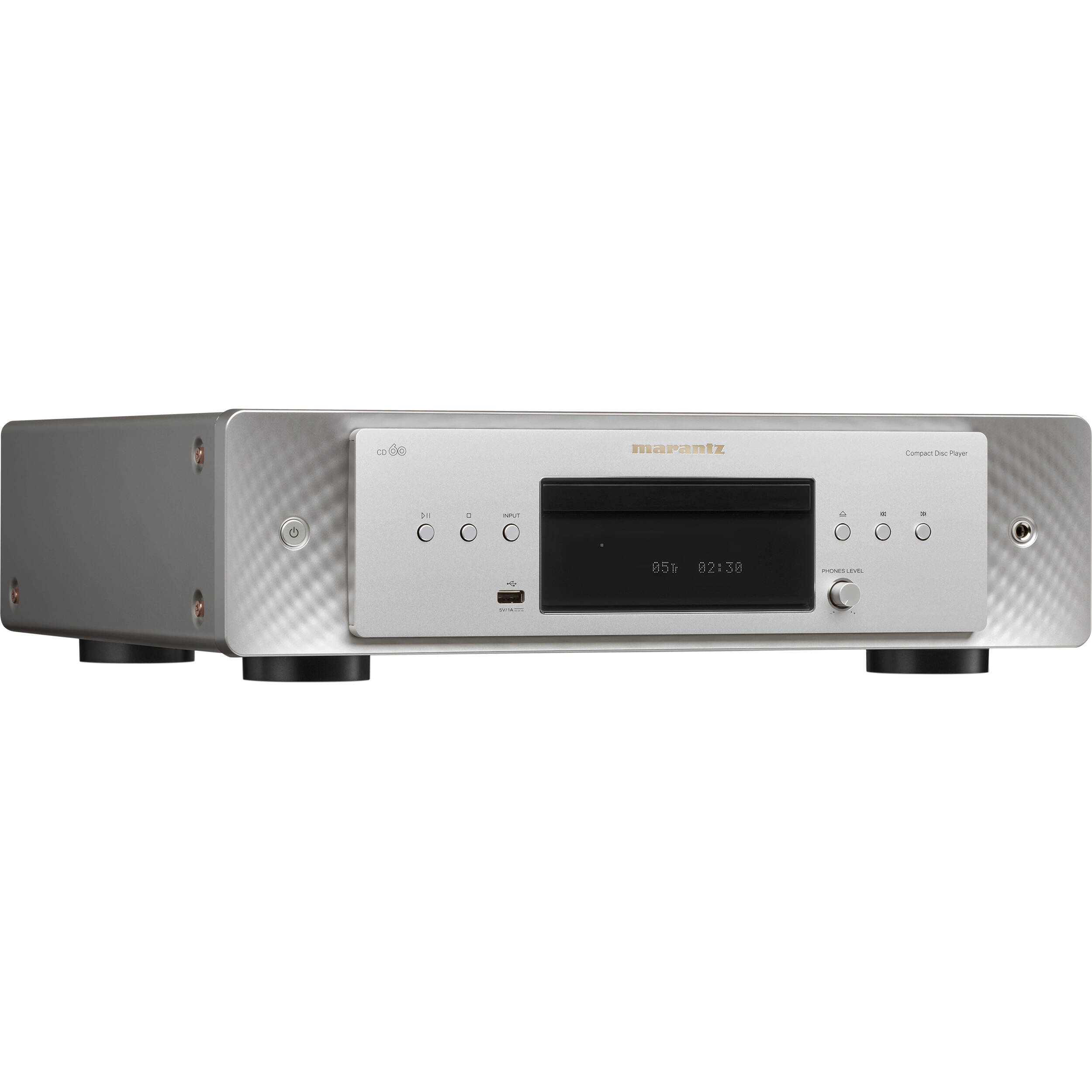 Marantz CD 60 CD player with sleek design and digital display, showcasing its front control buttons and disc tray.