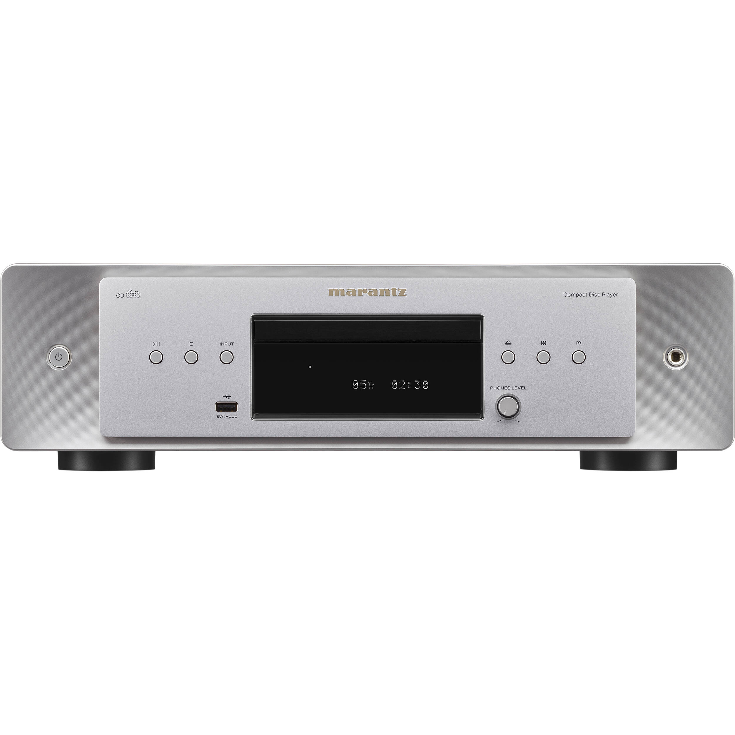 Marantz CD 60 CD player with a sleek black design, showcasing the front panel with control buttons and disc tray.