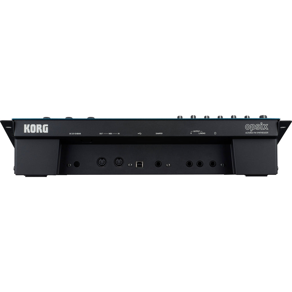 Korg Opsix synthesizer module with colorful control knobs and interface, showcasing its compact design for electronic music production.