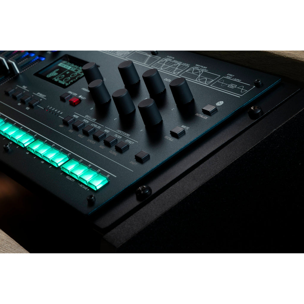 Korg Opsix synthesizer module with colorful control knobs and input/output ports, designed for electronic music production.