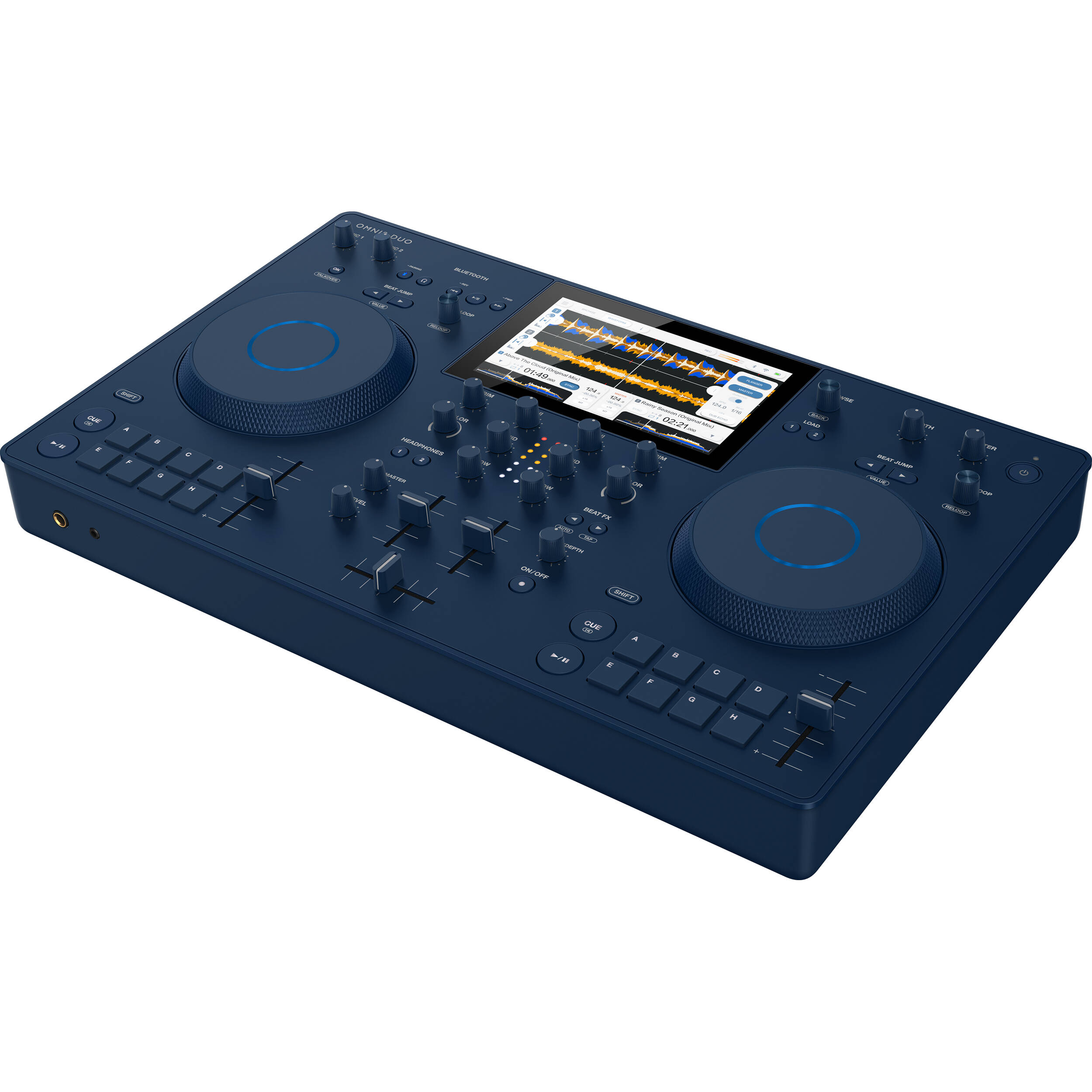 AlphaTheta Omnis-Duo DJ media players with dual turntables and control decks, featuring professional DJ equipment for mixing.