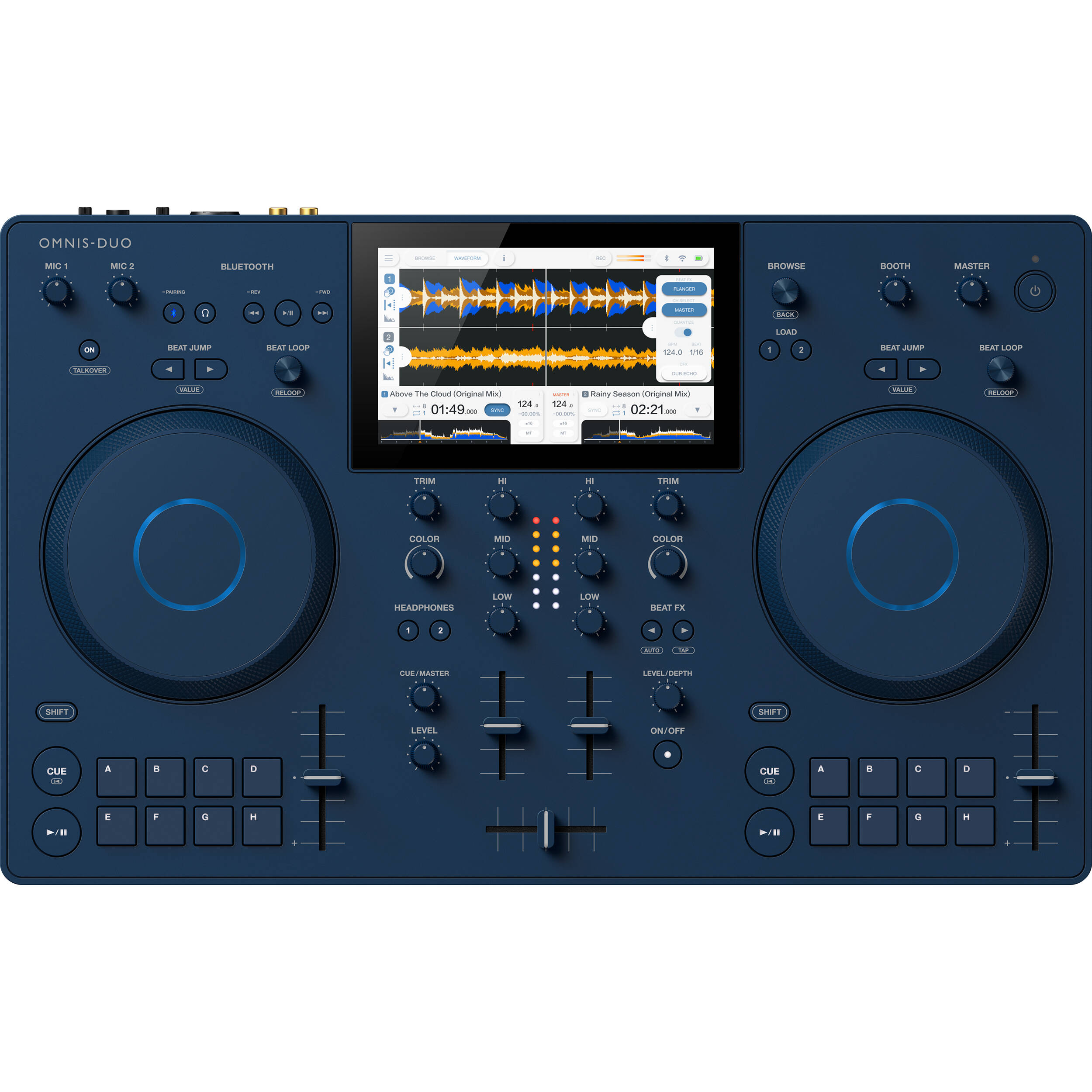 AlphaTheta Omnis-Duo DJ media players with dual turntables and control panels, professional DJ equipment for mixing and performance.