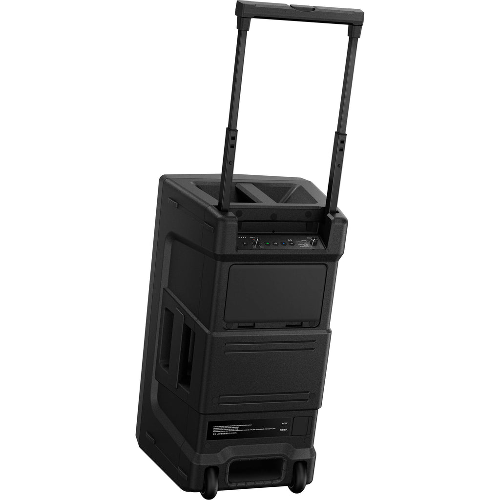 AlphaTheta Wave-Eight battery-powered loudspeakers, compact and portable with sleek design and multiple connection ports.