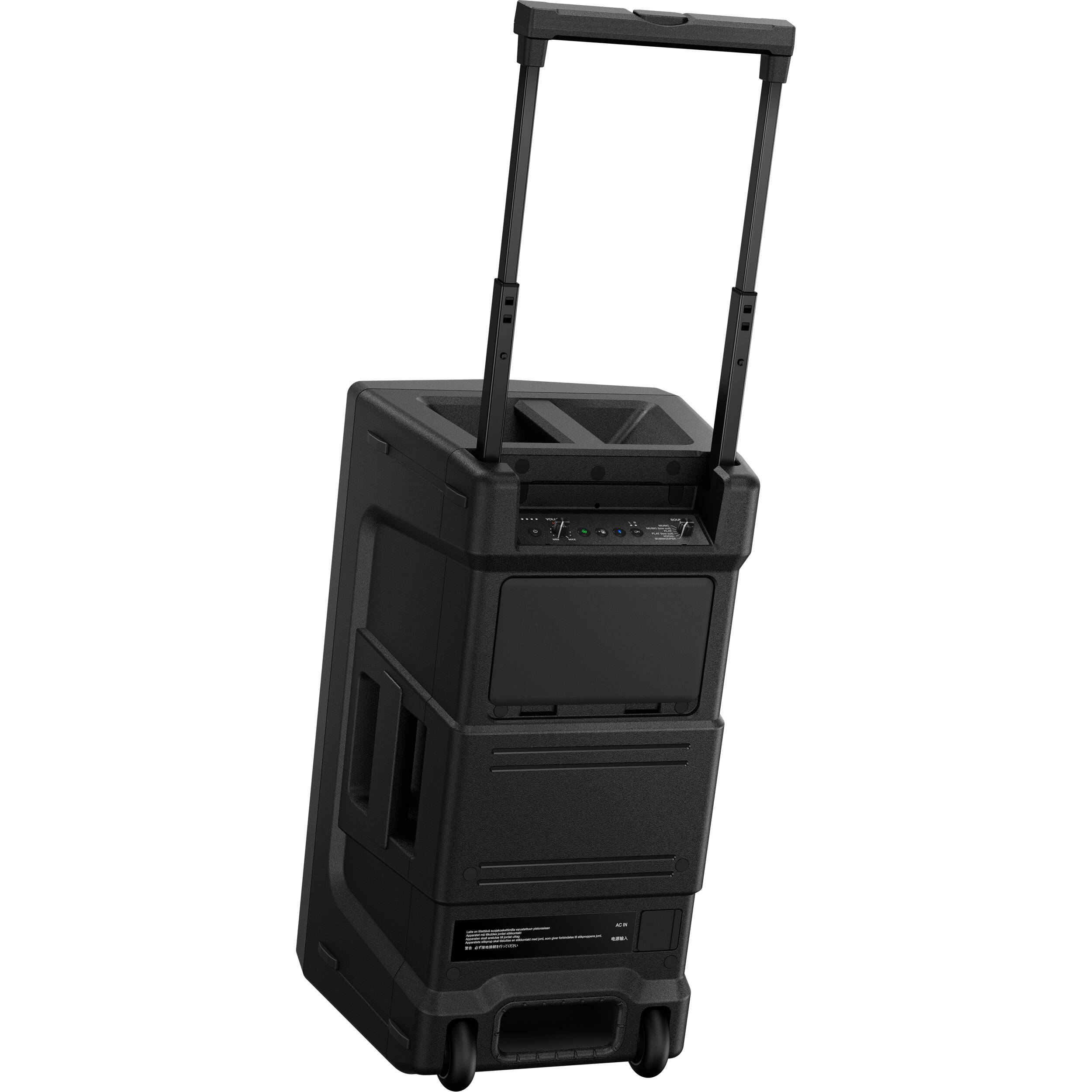 AlphaTheta Wave-Eight battery-powered loudspeakers, compact and portable with sleek design and multiple connection ports.