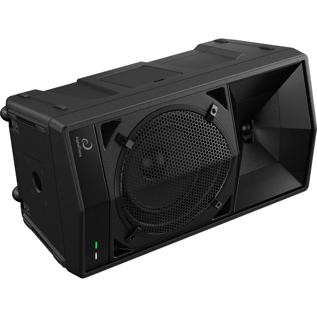 AlphaTheta Wave-Eight battery-powered loudspeakers with sleek design and portable setup for high-quality sound.