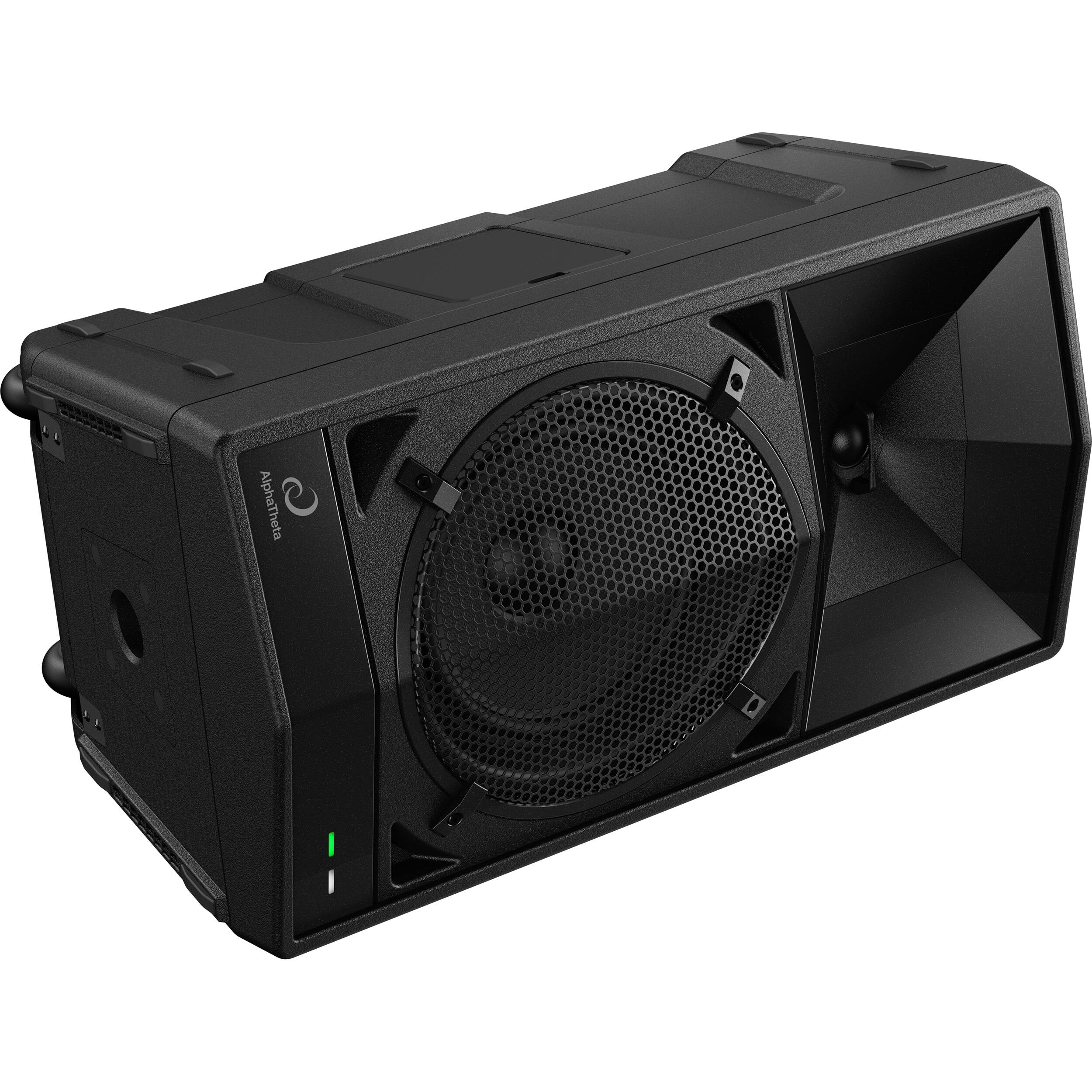 AlphaTheta Wave-Eight battery-powered loudspeakers with sleek design and portable setup for high-quality sound.