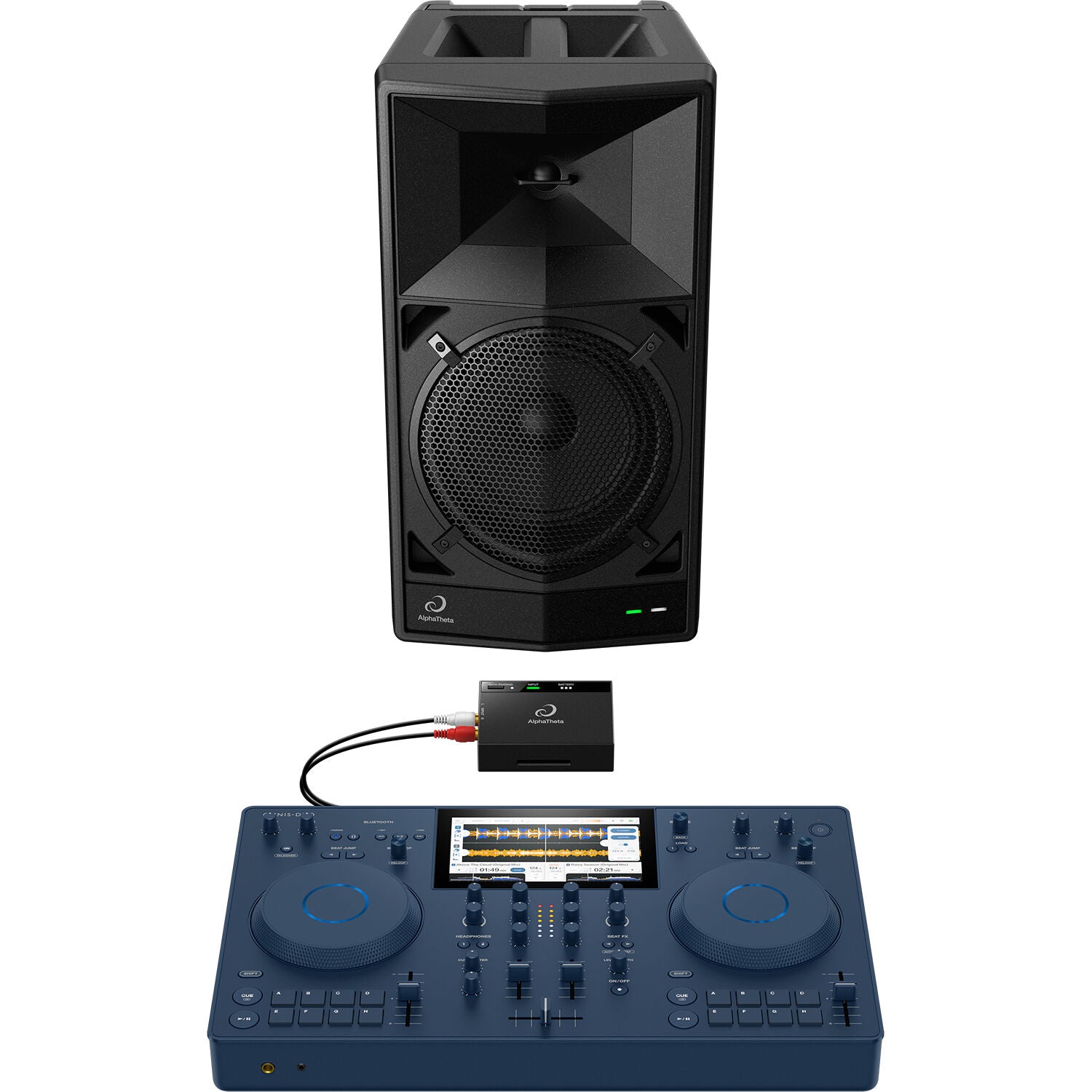 AlphaTheta Wave-Eight battery-powered loudspeakers with sleek design and control panel, suitable for portable audio use.