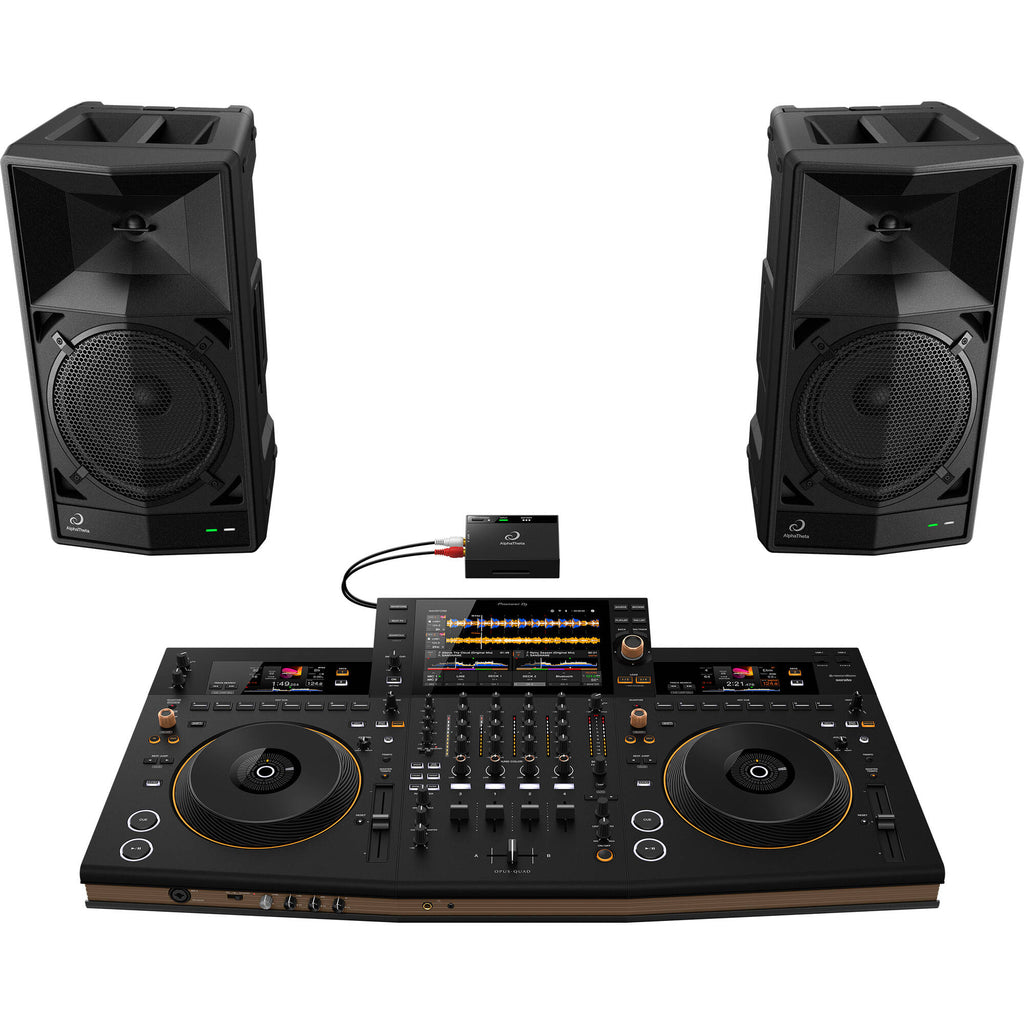 AlphaTheta Wave-Eight battery-powered loudspeakers with sleek design and control knobs, ideal for portable audio use.