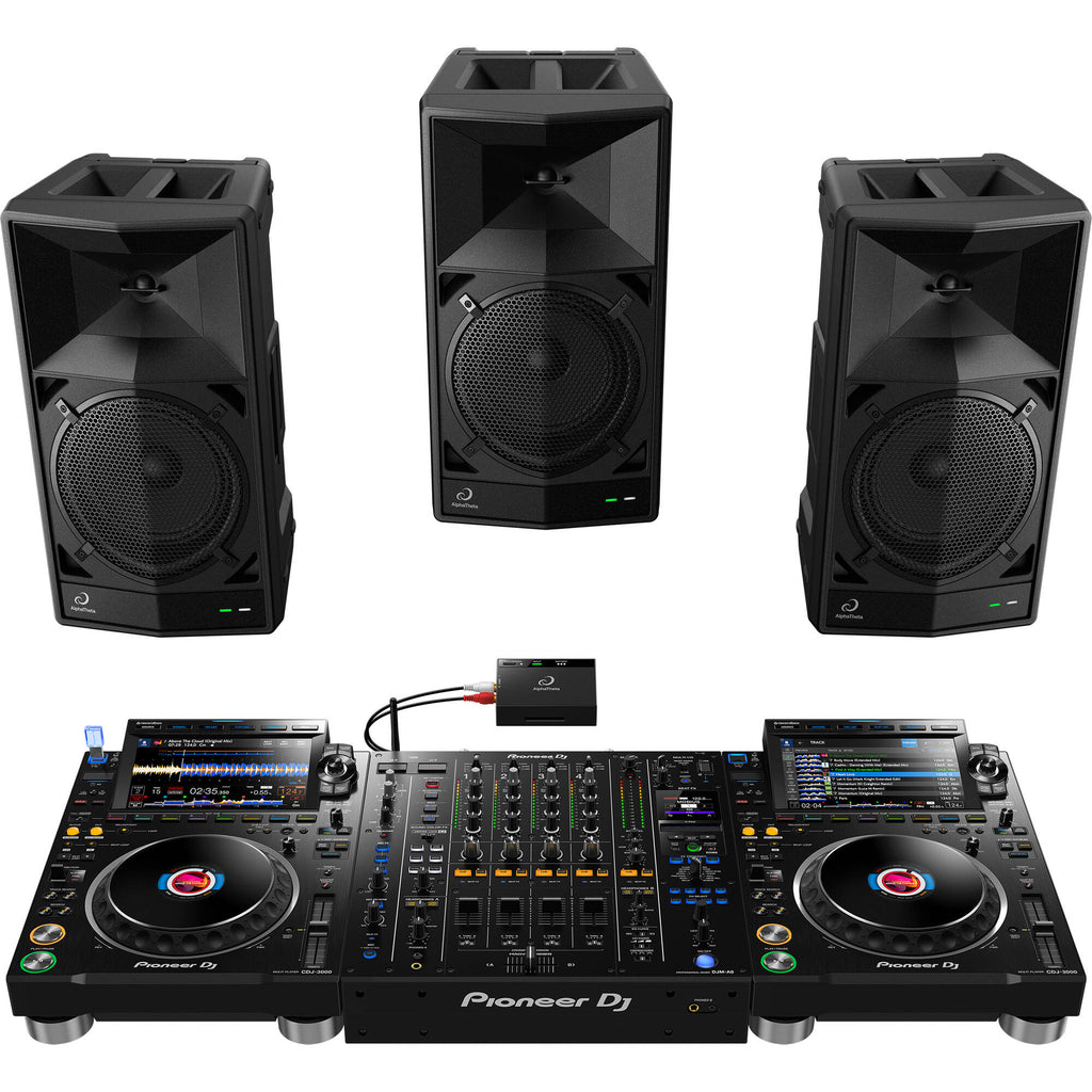 AlphaTheta Wave-Eight battery-powered loudspeakers with sleek design and controls, perfect for portable audio use.