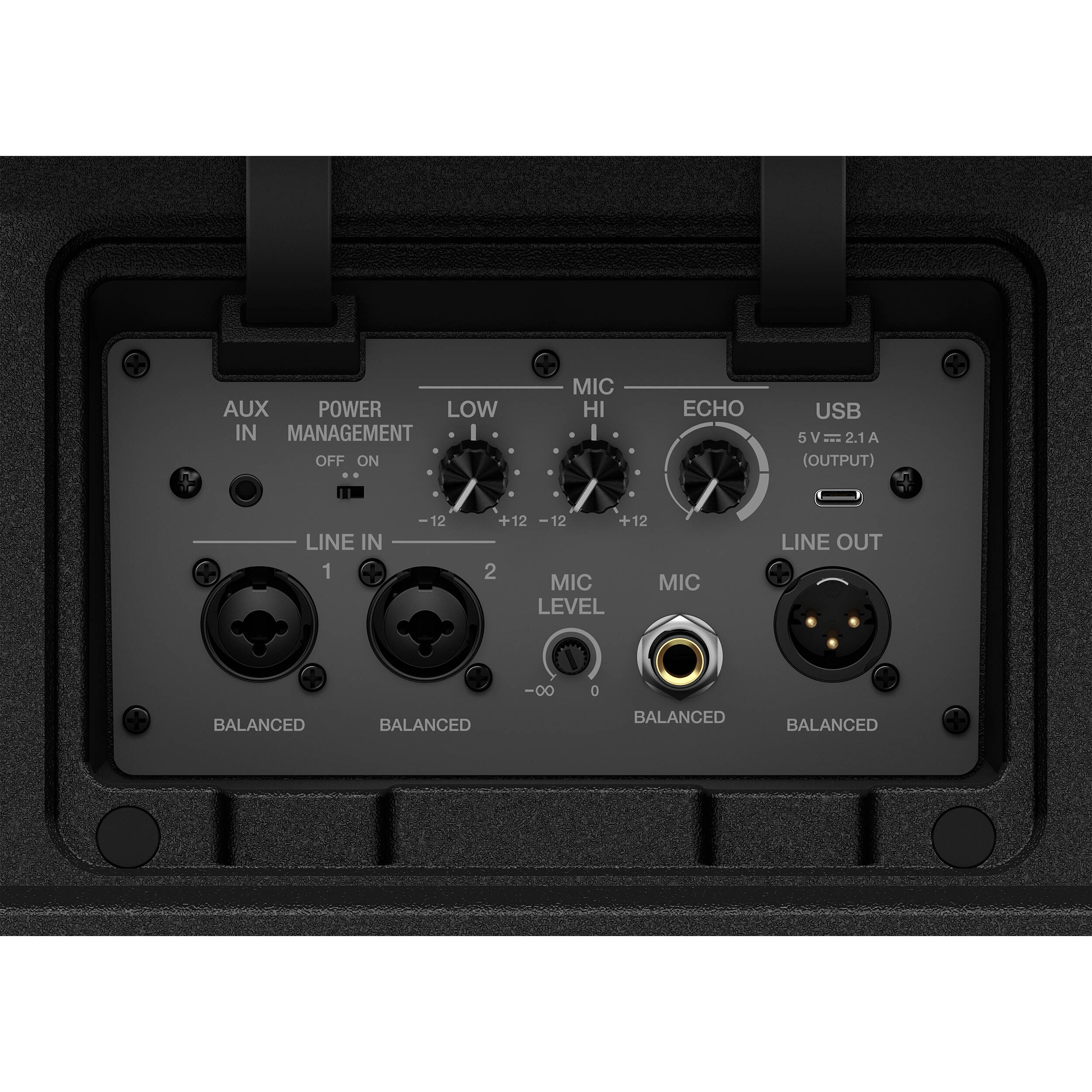 AlphaTheta Wave-Eight battery-powered loudspeakers with sleek design, featuring multiple speaker units and control panel on the front.