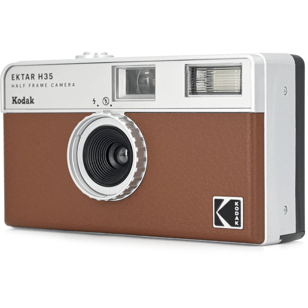 Kodak EKTAR H35 Half Frame Compact Camera for instant photography, showcasing a sleek black design and lens on the front.
