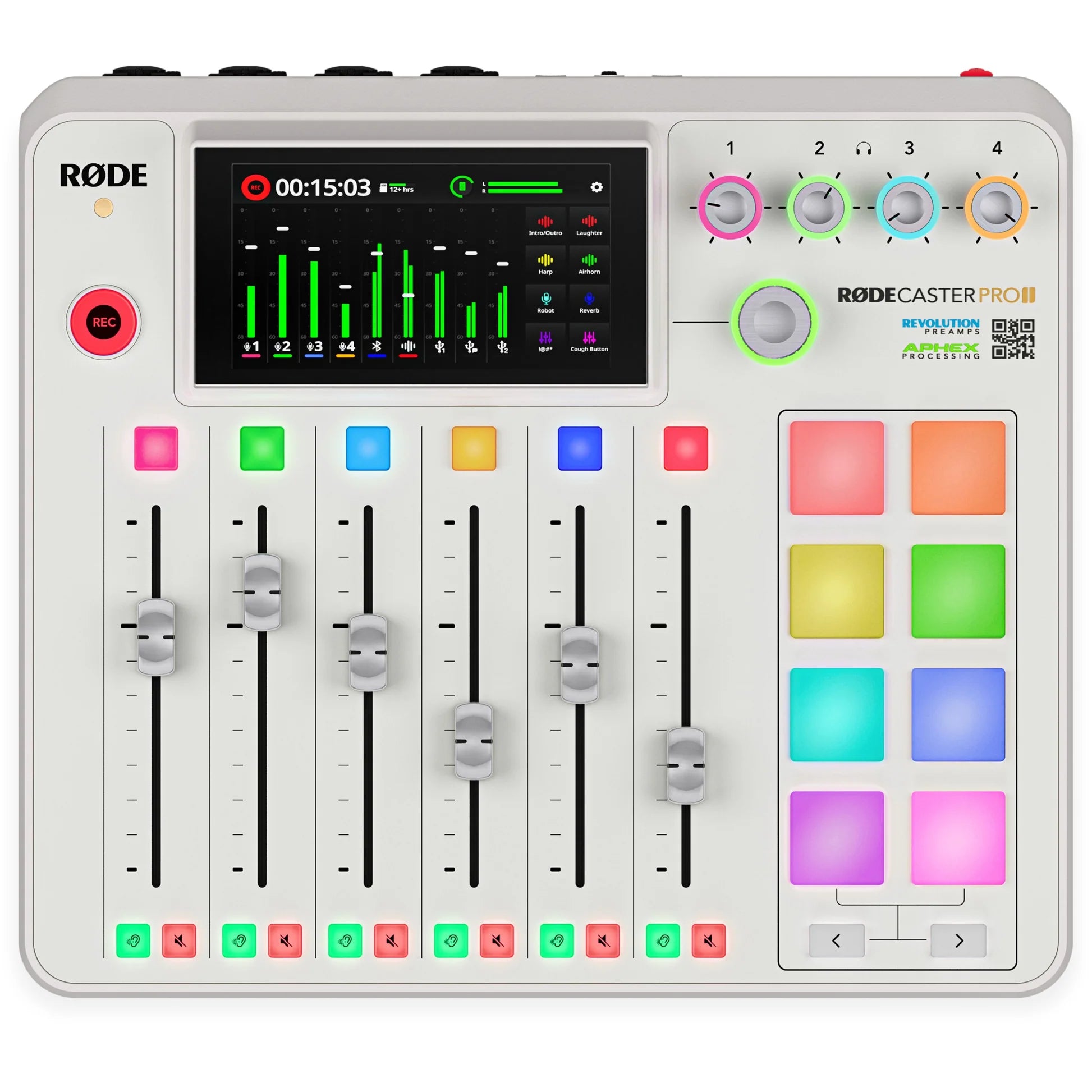 Rode RodeCaster Pro II digital mixer with touchscreen and multiple input ports, designed for professional audio recording and streaming.