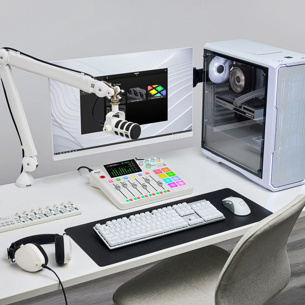 Rode RodeCaster Pro II digital mixer with multiple control knobs and input ports for professional audio production.