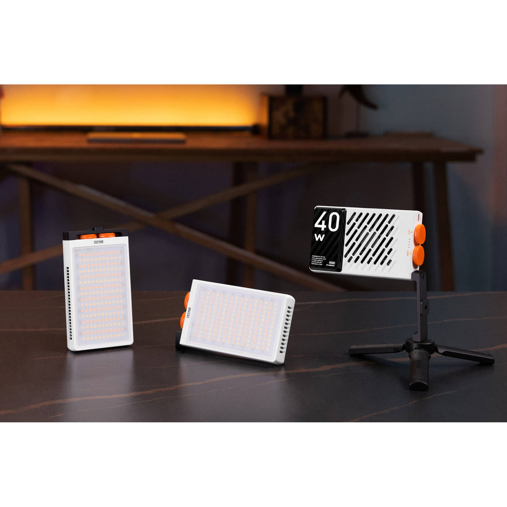 Zhiyun Fiveray M40 bi-color LED light with adjustable brightness and color temperature, mounted on a light stand for professional photography.