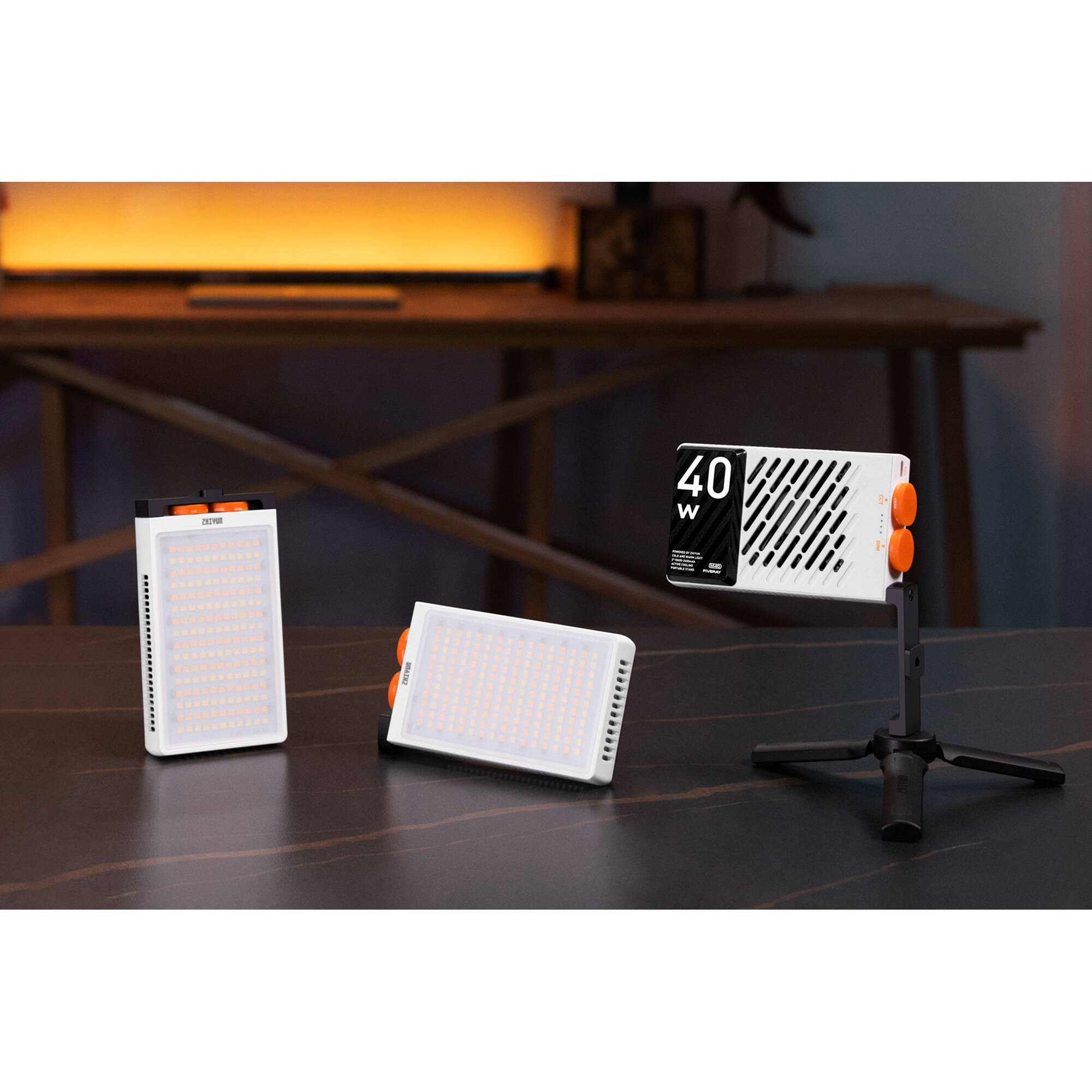 Zhiyun Fiveray M40 bi-color LED light with adjustable brightness and color temperature, mounted on a light stand for professional photography.