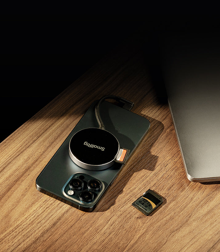 SmallRig SD4.0 memory card reader connected to a computer, showing compact design and USB-C port for fast data transfer.