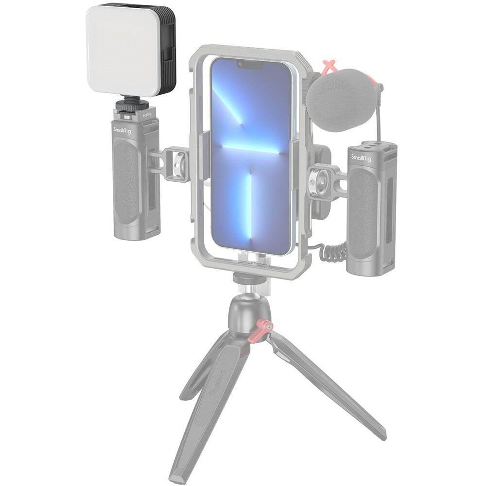 SmallRig Vibe P108 RGB video light showing colorful lighting effects and adjustable brightness on a professional camera setup.
