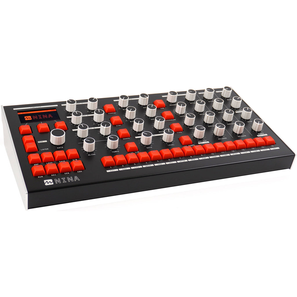 Melbourne Instruments Nina semi-modular synthesizer with patch cables and control knobs, showcasing its modular synth interface.