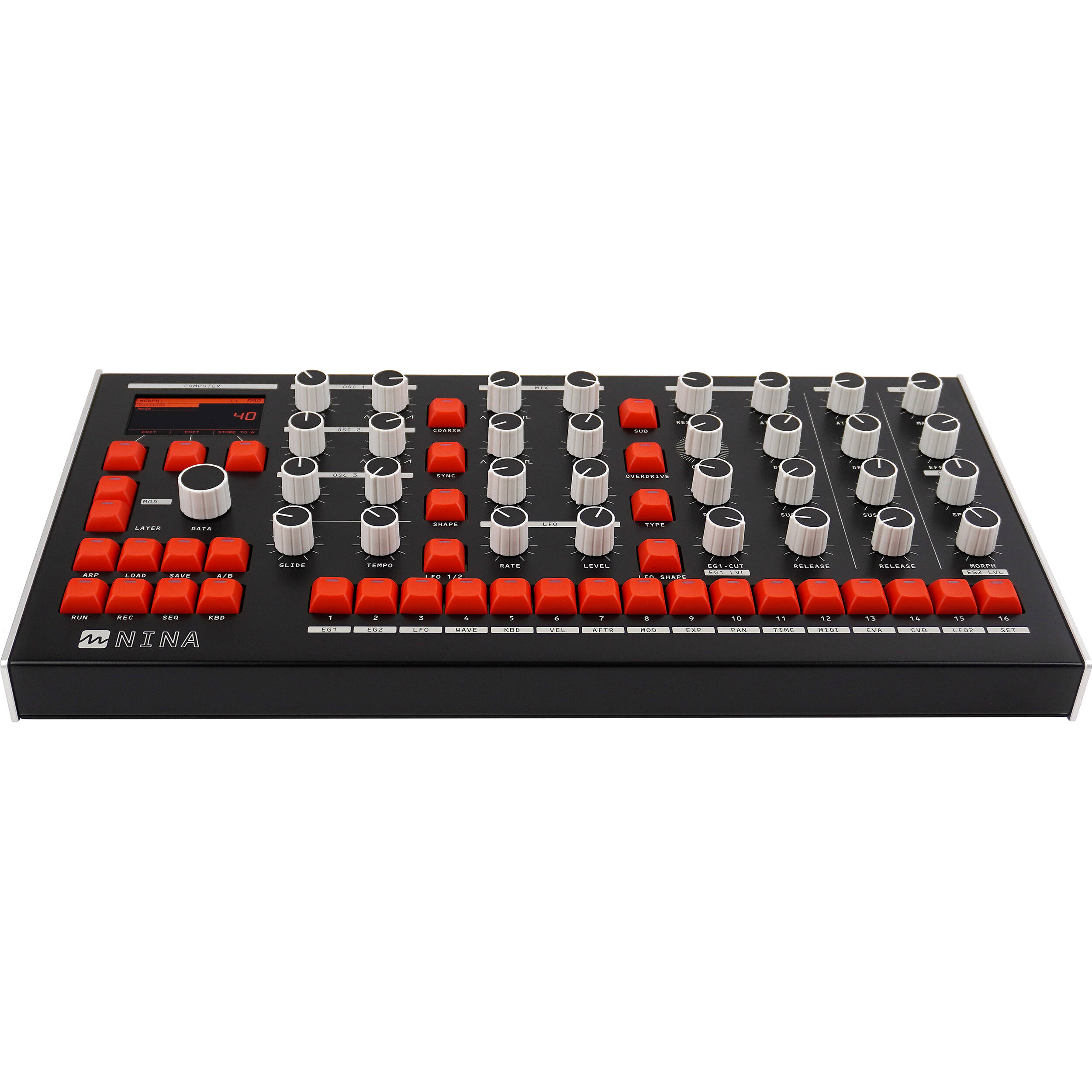 Melbourne Instruments Nina semi-modular synthesizer with patch cables and control knobs, showing front panel and colorful interface.