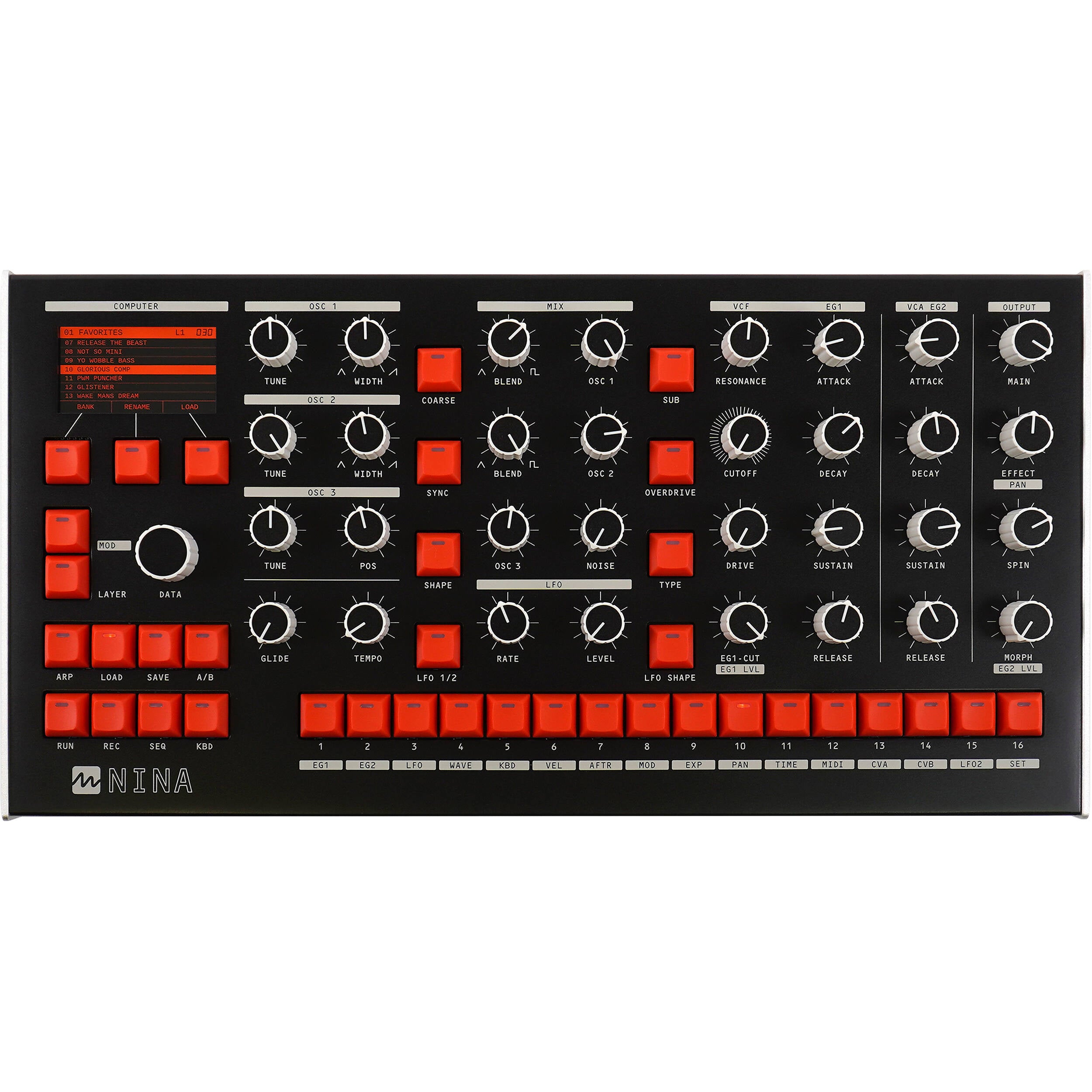 Melbourne Instruments Nina semi-modular synthesizer with knobs, patch points, and colorful controls on a black panel.